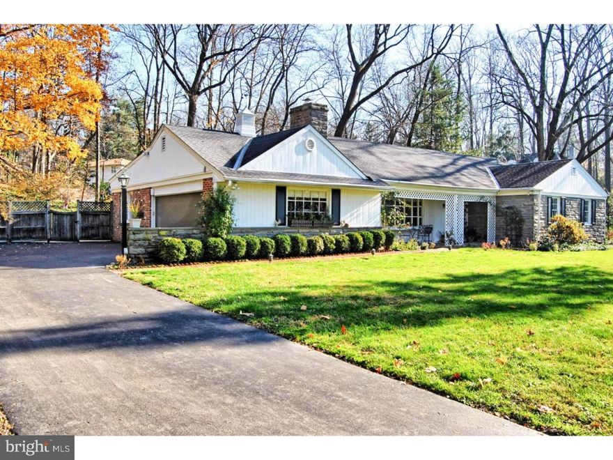 Situated at the end of a cul de sac in an enchanting wooded setting this spacious custom rancher with great flow has the huge appointed Kitchen everyone dreams of finding and a breakfast area to accommodate everyone: SS Ref, 5 Burner SS Gas Stove, SS Microwave, SS Warming Drawer, SS Bosch DW,  Granite Countertops, 20x20 Tile Flooring, Abundant Cabinets, Tile Stone Backsplash, Recessed Lighting* Large Foyer with Slate floor, Chandelier and Staircase to Basement* Step down Living Room with large Bay Window, Hardwood floors, Custom Cabinetry, Wood Burning Fireplace, Recessed Lighting and Crown Molding* Formal Dining Room with Hardwood Floors, Picture Window, Custom Cabinetry, Chandelier, Recessed Lighting, Crown Molding* Family Room with Parquet Wood Flooring, Built in Cabinetry, Track Lighting, Sliding Door to Sun Room* Sun Room with Stone Floor, Ceiling Fan, Gas Wall Heater, 4 sets of Sliding Doors leading to the backyard* First floor Laundry Room with Washer, Dryer. Utility Sink, 20x20 Tile Floor, Door to the backyard and Bathroom with Toilet, Sink and Small Shower* Main Bedroom features a Fireplace, Hardwood Floors, Recessed Lighting, Crown Molding, Ceramic Tiled Main Bathroom with Large Shower, Vanity, Toilet* 2nd Bedroom Hardwood Floors* 3rd Bedroom Hardwood Floors, Built in Closet and Drawers* Ceramic Tiled Hall Bathroom, Bathtub, Vanity, Toilet, Bidet* Finished Basement with a Powder Room and Separate Utility and Storage Room*  Oversized Two Car Garage enters into the family room* Flagstone Patio with raised Fish Pond and Waterfall* Gas Hot Water Baseboard Eleven (11) Zoned Heat and Central Air Conditioning* Move in condition* Easy access into Philadelphia and the surrounding counties for business, shopping, dining and entertainment* Septa Train within close proximity*