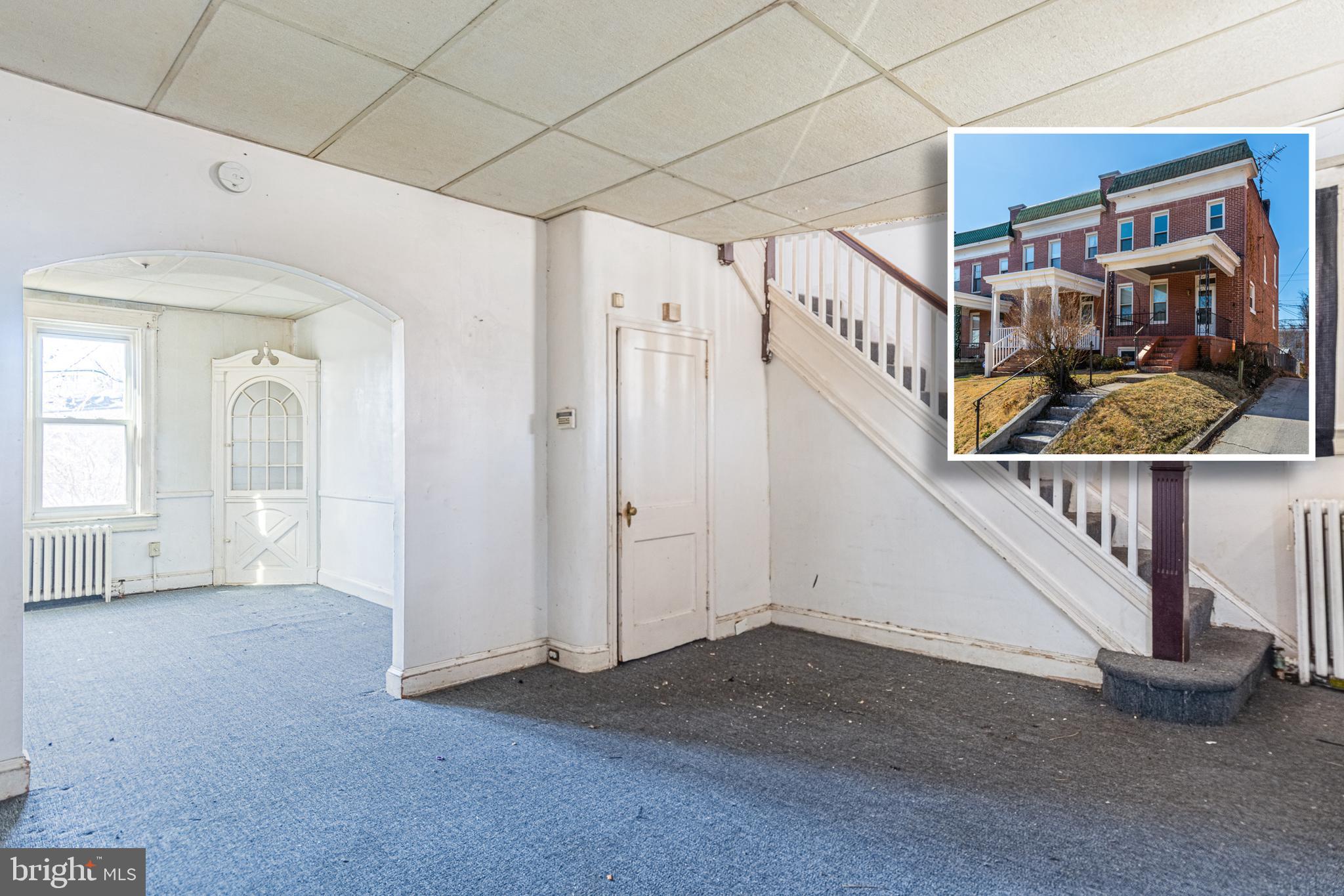 ENDLESS POSSIBILITIES WITH THIS SPACIOUS END OF GROUP ROWHOME WITH POTENTIAL TO ADD PARKING! Main level features a spacious living room, separate dining room, and a galley kitchen. The upper level offers 3 large bedrooms and 1 full bath. The walk-out basement is perfect for storage or finish to add more living space. There is a rear yard and a storage shed that could be removed to add off street parking. Perfect opportunity for an investor looking for a rehab project or to add to their rental portfolio. Cash, Hard Money, or 203K only. Sold As-Is!