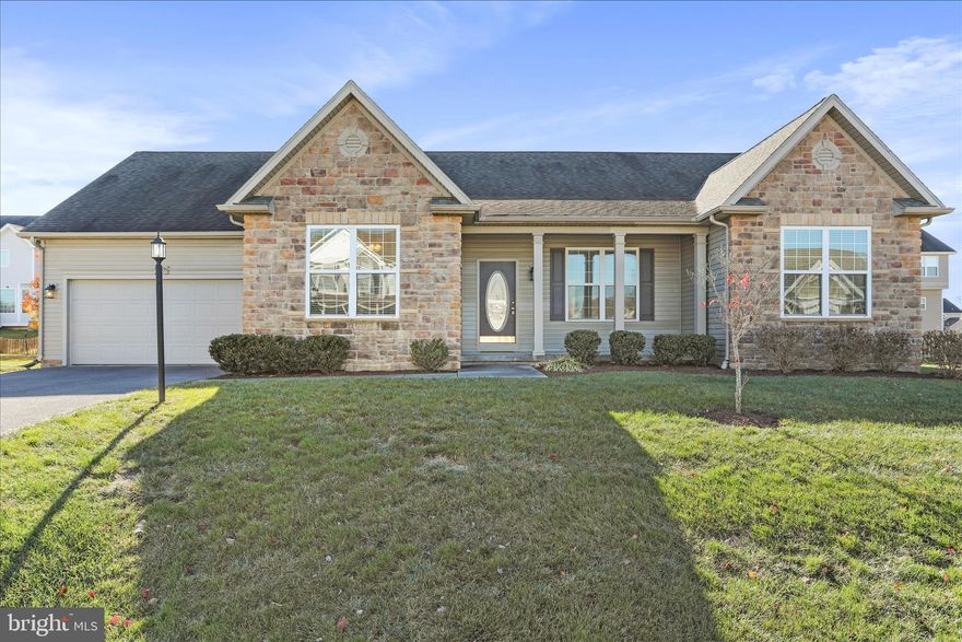 Very well maintained 3 bedroom, 2 full bath ranch with a full unfinished basement located in Bridle Creek subdivision! Featuring beautiful 3/4" hardwood floors throughout! The kitchen has been updated with lovely quartz countertops and includes an island, tile backsplash, lots of cabinets, an eating bar and a new dishwasher. The dining room is off the kitchen as well is a separate, cozy breakfast room with a gorgeous stone fireplace. Lots of natural light adorn this home. There is crown molding, chair rail and other decorative trim work nicely appointing the living areas. The laundry / mud room is off of the kitchen, leading to the garage. The primary bedroom suite features dual vanities, a luxury bath w/soaking tub, a separate shower and a walk-in closet. Two additional bedrooms are on the main floor, one front-facing and one rear-facing. The basement is unfinished and walks out to the backyard. The exterior of the home has a stone upgrade on front, attached 2 car garage, large rear patio, fenced in back yard and is well landscaped. The seller upgraded the entire HVAC system with a BOSCH furnace and A/C last year. Most of the hardwood floors are new and unblemished and blend perfectly with the kitchen cabinet and countertop colors. You'll definitely want to add this one to your favorites list. It's a great home in a prime location.