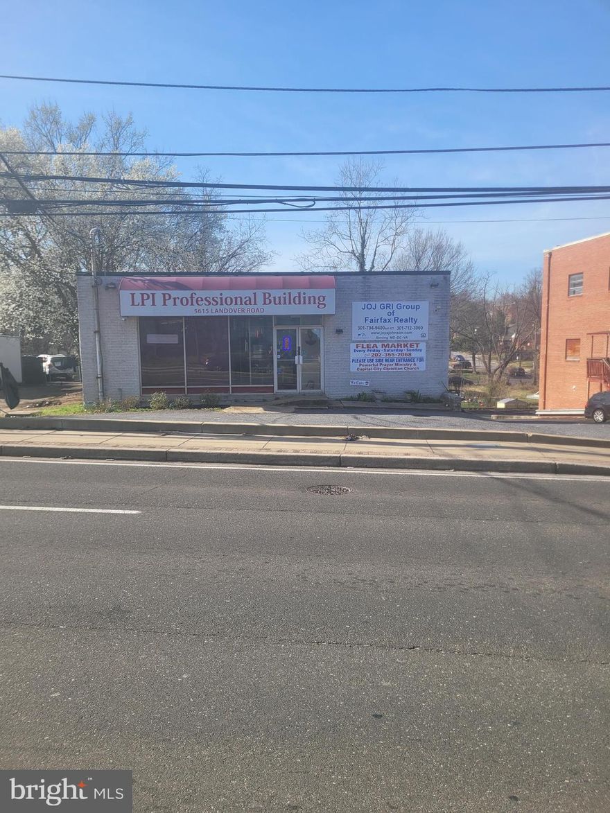 Prime location and Heavy daytime traffic for your business.  The existing use is an Office and Retail Space on very high-traffic MD Route 202 near the intersection of BW Parkway, Route 50/295, and 450 minutes from the DC line. The back of the building is an above-ground walkout with a deck and loading area, with parking in the rear. The building contains four office spaces on 1st level with one bathroom and kitchen area, and the lower level has two full bathrooms (with five toilet stalls) and a Kitchen area, along with six office spaces. The building has all-new energy-saving electrical lighting, a 24 24-hour camera system, and a 6-year-old new and well-maintained roof. Four different tenants occupied the building, which will transfer to new owners. The building has gas heat and a central air conditioning system on the roof area. Currently, the building has 14 parking spaces.  The building lot is 10,000 sq ft, and the building is 5000 Sq ft. Our location is minutes from Chevery Metro Station and the Amtrack/Marc train. Building Sold AS-IS.

Buyer Alert! 5615 Landover Rd, Cheverly, MD building is in a high traffic and prime location minutes from BW Parkway and Washington DC. This location is not far from the original Prince George Hospital location, which will be a $500 Million project that will redevelop the 44 +/- acre of former Prince George's County Regional Hospital site in Cheverly, MD, into a mixed-use destination to include over 1,300 residential units to include multifamily rental apartments, active-adult rental units, senior-targeted condos, and for-sale townhomes.  In addition, the project will consist of a hotel, 40,000 square feet of retail, and 70,000 square feet of neighborhood servicing medical and office space.  This is an excellent location for growing small businesses, whether retail, office use, or medical.  Cheverly, MD, is a growing business community... check out CHEVERLY HOSPITAL REDEVELOPMENT for more details.