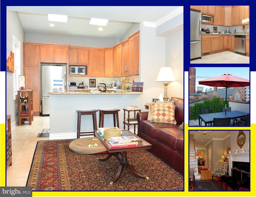 WONDERFUL FULLY-RENOVATED 3BR-2.5BA END-OF-GROUP TOWNHOUSE ON BEAUTIFUL TREE-LINED EAST MONTGOMERY STREET IN THE HEART OF HISTORIC FEDERAL HILL.  CUSTOM-BUILT STAIRCASE AND LIVING ROOM MANTEL, FULLY-RENOVATED BATHROOMS, RECENTLY REPLACED UPPER & LOWER ROOFS AND SKYLIGHTS. WOOD AND TILE FLOORS, CROWN MOLDING, GOURMET KITCHEN WITH  GRANITE COUNTERS, BREAKFAST BAR, MERILLAT CABINETRY, STAINLESS-STEEL APPLIANCES AND VAULTED CEILINGS WITH SKYLIGHTS. ROOF-TOP DECK WITH AMAZING CITY AND NEIGHBORHOOD VIEWS. IMAGINE YOUR NEW HOME.