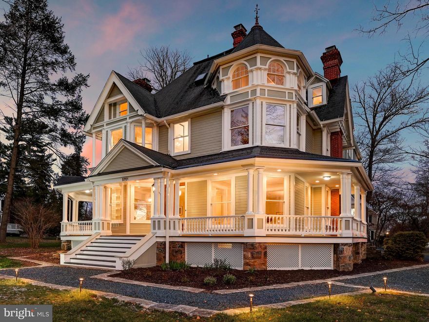 As one of Roland Park’s original Grand Victorian’s ever to be built, this classic Charles Barber-inspired home comes with an intriguingly rich history. One of the first dozen homes to be built in Roland Park, and once owned by one of the first original investors in the Roland Park Co., which developed Roland Park, this revitalized and re-envisioned home now features six bedrooms, five full, and two half baths. The home spans over 8,500 square feet and is still hallmarked by many of its original features, from the ornate woodwork and herringbone wood floors throughout to the intricately designed tiffany stained-glass windows, seven original fireplaces still stand, many with their ornate mantles, as well as multiple pocket doors can be found throughout the main level with original hardware. This rich history has been artfully restored to now include classic and modern updating. The main floor boasts an open chef’s kitchen with professional stainless-steel appliances, a spacious pantry, white cabinetry, and a classic white subway tile backsplash. This space is combined with a versatile living and entertaining area with a wet bar, built-ins, and a half bath, all centered around a sprawling double-sided center gas fireplace. Additional rooms on the main floor include formal dining with ornate built-in China cabinetry, formal sitting / living room, music room / den, and an office space with built-ins, each of which still features original hardwoods, fireplaces, and pocket doors. Up the elaborately detailed staircase to the second floor, you will find the expansive primary suite which includes a lavishly and newly updated spa-inspired bathroom with steam shower, double vanities, radiant floor heating, and clawfoot tub, along with multiple walk-in closets and a laundry room. In addition to the primary suite, there is an an open library / sitting area as well as three additional bedrooms and another full bath on this level. The third floor, which can be accessed via the second-floor landing or an additional outside first-floor separate entryway, contains two additional bedrooms, two full bathrooms, a large office space complete with loft, and a kitchen with skylight, giving the option for use as an additional apartment or in-law suite.  Another separate outside entrance leads down to the unfinished basement which provides ample storage space, additional laundry, and even a workshop area. Outside you can enjoy the multiple expansive porches and even have ample yard space to add an additional garage / inground swimming pool with pool house.
