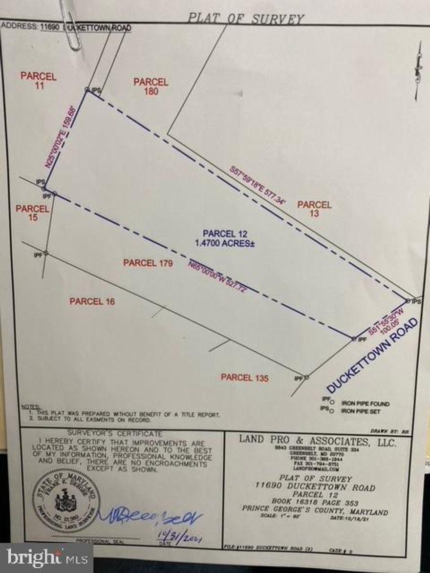 Below is email message from PG County Water & Sewer Plan Coordinator (Site/Road Plan Review Division)

The property located at 11690 Duckettown Road also known as Parcel 12, Tax Map 28, D-2 is designated Water and Sewer Category 3 – (Public) Community System.  It is not developed and any development on the property will require connection to and service from the public water and sewer systems. The water line abuts the property in Duckettown Road and traverses the property at it northeast corner.  The sewer line, although in Duckettown Road, is approximately 95-feet from the property line. All costs of extending and connecting to the public water and sewer systems are borne by the developer/owner of the property.