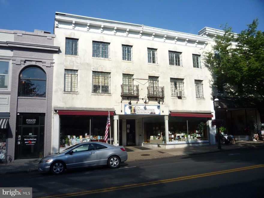 Located on Main Street Doylestown between State Street and Oakland Ave. this historic building circa 1875 is a 3-story structure.  Doylestown Bookstore occupies the entire 1st level, almost all clear span of over 8,000 sq. ft.  On the 2nd floor is an office or storage room for 1st floor tenant, a large 2-bedroom, 1 bath apartment with a screened in porch, and a large unfinished storage room for further expansion.  The 3rd floor has a 2-bedroom, 1 bath unit,  plus a 1 bedroom, 1 bath apartment, in various  stages of updating.  The depth of the building is approximately 170’ and also fronts on the Plaza West parking lot with a 2nd entrance.  The income & expense for 2020 will be available shortly from the accountant.