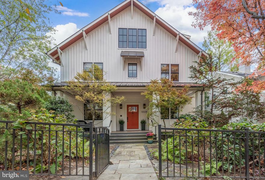 With 6600 square feet of finished space, this expansive, modern home, located in the sought-after neighborhood of Chevy Chase, DC, was custom built in 2009 as a contemporary interpretation of a craftsman style home using many sustainable materials. You will love the high ceilings, generous room sizes and abundant natural light.  The west facing front porch, which spans the entire width of the house, welcomes you.  A wide entry hall opens to a lovely library/office with double glass doors, and formal living room with built-ins and an impressive fireplace. The well-proportioned dining room with coffered ceiling and French door leading to a large, covered deck, are an entertainer’s dream. The gourmet kitchen features cherry cabinets, granite counters, glass backsplash, island and breakfast area opening into a spacious family room surrounded on three sides by windows . The powder room and drop zone with bench, storage cabinets and desk/study area, complete the extraordinary main level. The second level boasts a private primary suite with vaulted ceiling and luxury bath with two sinks, glass shower and separate soaking tub . Three additional bedrooms are found on this level: one with full en-suite bath, and two with a shared full bathroom with separate shower and bath. In addition, a large laundry room is located on this level.  The upper level is a spacious sunlit bonus room with vaulted ceiling, and en-suite 5th bedroom/quiet home office. The walkout lower level is bright and airy with a large recreation room with French doors to the rear patio and garden, a large 6th bedroom with bay window and a full bathroom.  A home gym with new mat flooring, and a utility/storage room with sink are also on this level. The detached 2-car garage with large loft/potential Accessory Dwelling Unit above completes this special home.  The yard features a koi pond with water feature, stone walkways with lighting and 4 season landscaping. This convenient location is just steps to the gourmet Broad Branch Market, Lafayette Elementary School and playground, the shops and restaurants along the NW corridor of Connecticut Avenue and Rock Creek Park.  Open Saturday, March 15th, 1-3pm