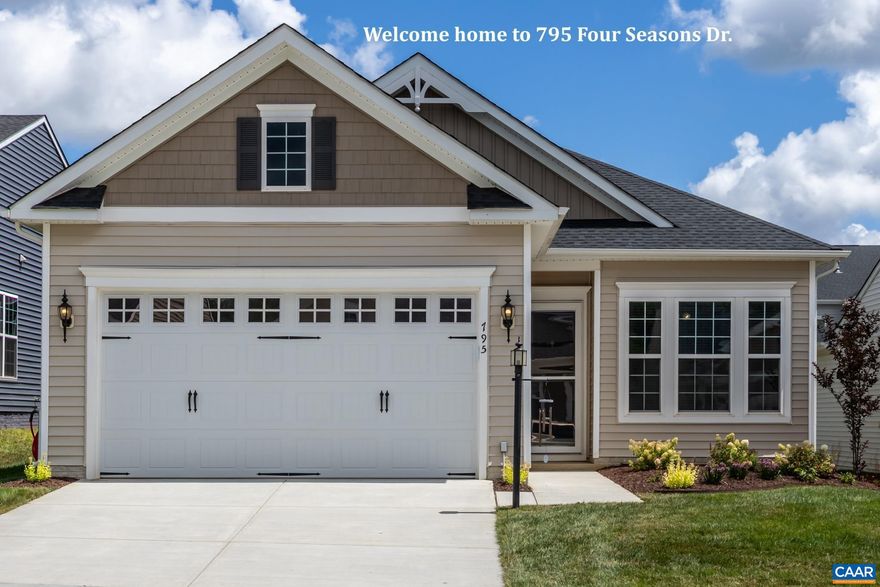 Newly built in 2023, this lovely home is move-in ready and maintenance free! In the newest section of the popular 55+ Four Seasons neighborhood, the home has an open living area with a Kitchen that includes a large island with a breakfast bar, stainless applicances, a WALK-IN PANTRY and a tile backsplash in a herringbone pattern. The Dining Area has room for meals with the whole family and the Great Room has connections on both side walls for entertainment options. There are durable LVP floors throughout the living areas and the bedrooms have carpet to keep things cozy. Coming in from the garage, the large laundry room has lots of space to drop your things. There are upgrades you'll appreciate, too! A Ring doorbell, a security sytem and a landscape irrigation system. The glass doors and most of the windows are tinted to help keep things cool. There's a walk-in closet in the primary suite with an attic above it, and the primary bath has a 2-sink vanity, water closet and walk-in shower with a bench. The Four Seasons community has an enviable club house that includes an indoor pool and workout room. There's a walking path that circles the neighborhood, passes two lakes and gives you ample opportunity to say "Hi!" to neighbors.,Granite Counter