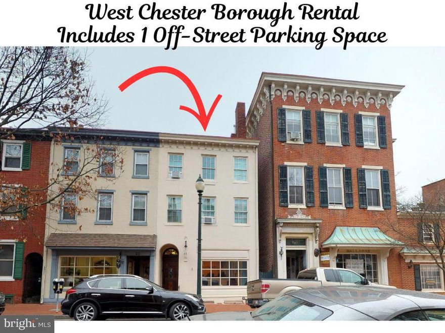 One-bedroom apartment in desirable West Chester Boro Location with 1-car assigned parking space. Will be available for move-in as soon at 2/10/2026. This apartment was renovated in 2018, with Stainless fridge, dishwasher, range, microwave, 2 wall-mounted flat screen TVs, and washer/dryer included. Common areas of the building and exterior are on 24-hour surveillance. Rent includes 1 assigned parking space. Tenant pays $185/month utility fee to cover WiFi, Water, Sewer, Trash, Security Cameras, Central Fire Safety Monitoring System, etc. Tenant to switch PECO account to their name upon move-in. $40 RentSpree online application required. NO CATS.