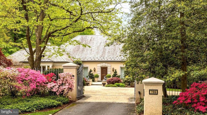 Spectacular single level living, perfect for grand entertaining. Bethesda's most enchanting backyard offers manicured gardens, expansive slate patios, outdoor kitchen, pond, pergola, spa and swimming pool. Winged Primary Suite includes his and hers bathrooms, storage loft, fireplace, and twin walk-in closets.