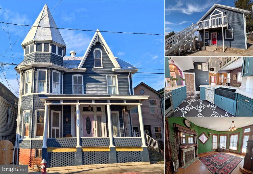 Nestled in the heart of historic New Windsor, this uniquely preserved and improved Victorian home offers a perfect blend of era charm and updated conveniences. From the inviting front porch and classic turret exterior of the main structure, to a fully separate two-story improved carriage building with a wide range of possibilities for future use, this property is a true gem. This is a wonderful opportunity to own property where timeless architectural tradition meets modern comfort. Throughout the home, original hardwood floors, intricate moldings, oversized solid wood pocket doors, and stained glass highlight the craftsmanship of another era, while the updated kitchen boasts modern appliances, ample cabinetry, and stylish finishes. A large walk-in pantry is perfect for storing provisions, while the practicality of the mud room with exit to the deck and rear yard is a welcome feature. A family gathering room with a cozy pellet stove is located directly off of the kitchen and breakfast area. The sunny living space of the front parlor (located in the turret) creates a warm and welcoming atmosphere, and concealed pocket doors at the base of the room allow for that to be separated from the family room–perfect for working from home when closed, or more informal entertaining with larger groups while open. Traditional formal dining rooms and living rooms (including an ornate decorative corner fireplace and a beautiful stained glass) offer wonderful spaces for more intimate gatherings. Featuring four bedrooms and two full bathrooms–plus a half bath cleverly tucked under the front staircase–this Victorian beauty provides plenty of space to spread out inside. The second level of the home is accessible from either the front or the back of the home, with a more traditional receiving staircase adorned with original woodwork at the main entry, and a clever back staircase that both take you to the heart of the bedroom level. The floored unfinished attic is easily reached by staircase at the end of the second level landing, and gives exciting opportunities for storage or future improvement into potential living or lounging space. The unfinished lower level of the home is dedicated to utilities and storage, but given the inside stairway access from the kitchen and the rear entrance up into the backyard, it likely served as another functional center of the home in past decades. The flat backyard is flanked by privacy fencing on either side, and fills the space between the main home and the carriage house located on the alleyway. Inside of the large detached two-story building you will find some exciting possibilities for consideration. Repurposed from a carriage house by a former owner, in the fully-finished interior you will find a main level with living area, functional kitchen, half bathroom, and laundry, plus a second level featuring two private rooms with closets, a full bathroom, and a sitting area. Parking for the property is easily accessible either on the street in front of the main home, or on-site two car parking adjacent to the carriage house off of the back alley.