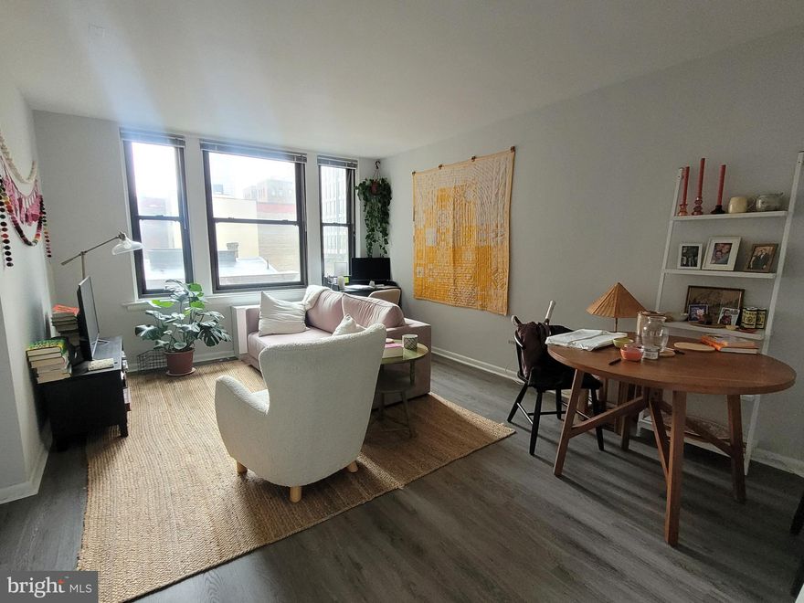 One bedroom with sunset city views to the west and partial views of Rittenhouse Square at The Wellington! There is a spacious, open dining room and living room; kitchen with generous cabinet and counter space; large bedroom with a walk-in closet and bay window; hall bathroom with single vanity, shower tub, and tile floor; and new vinyl floors throughout. The Wellington is a pre-war apartment building located on Rittenhouse Square offering a 24 hour doorman, on-site management, and access to a nearby fitness center at 1845 Walnut. Tenants are responsible for paying all utilities.