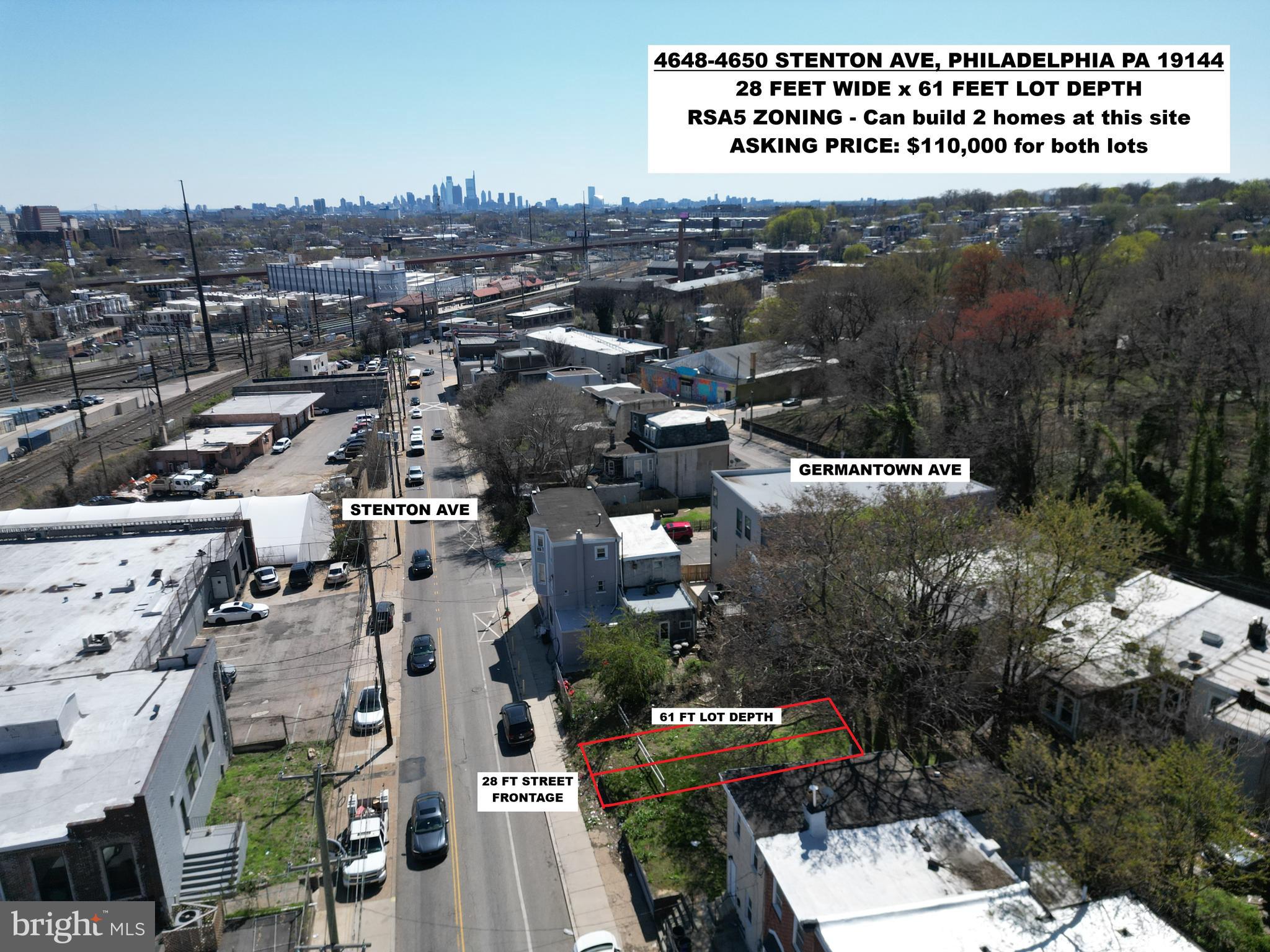 4648 Stenton Ave (TAX ID: 121207100) & 4650 Stenton Ave (121207200). Two adjacent parcels. Great location 1 block above Wayne Junction; behind Germantown Ave. This site sits up high in elevation with a great view of the Center City Skyline. The total lot dimensions are 28 Feet X 61 Feet, the zoning is RSA5. There are tons of developments going on in this immediate area; Jumpstart Germantown has a large mixed use building around the corner on Abbotsford Ave, there are a number of development projects going on around Wayne Junction including a new brewery/restaurant. This is a great opportunity to get in on the action in an up & coming area of Northwest Philadelphia ! $108,000 for the package (4648-4650 Stenton Ave, 19144). MUST BUY BOTH PARCELS!