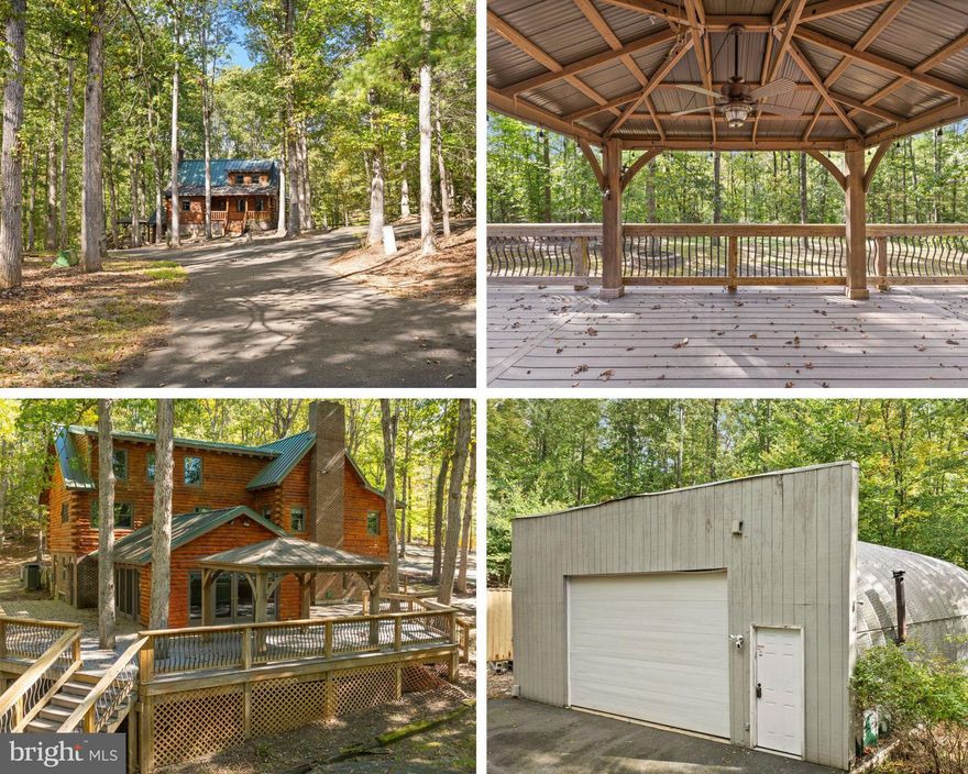 A true log home on acreage with a fully equipped 30 × 50 workshop just minutes from Fredericksburg is a rare find, and 12905 Spotswood Furnace Road offers exactly that combination of privacy, functionality, and convenience. Set on more than 8 wooded acres bordered by Mott’s Run Creek, this property delivers a peaceful, private setting while still being just minutes from Route 3, I-95, shopping, dining, and Downtown Fredericksburg. A gated entrance and paved circular driveway lead to the home’s hilltop setting surrounded by mature trees and natural landscape, creating a setting that feels private, established, and connected to nature. One of the most valuable and unique features of this property is the incredible 30 × 50 workshop. This heated and powered building includes its own electric meter, a climate-controlled office, wood/coal furnace, 14-foot ceilings, loft storage, and a 10,000-lb two-post car lift (can be removed if desired). The paved driveway provides ample parking and easy access for equipment, vehicles, trailers, or a motorhome. Whether you are a car enthusiast, contractor, woodworker, hobbyist, or need space for a home business, this building is an incredible asset that would be very difficult and expensive to replicate today. The three-bedroom, three-bath log home offers approximately 2,800 finished square feet across three levels and showcases the warmth, craftsmanship, and character that only a true log home can provide. Inside, you’ll find exposed beams, wide plank hardwood floors, and a dramatic 30-foot floor-to-ceiling stone fireplace that anchors the main living space. The open kitchen features hickory cabinetry, granite countertops, a large island, and pantry space, while the nearby Irish-pub-style entertainment space creates a one-of-a-kind area that is perfect for gatherings and entertaining. Upstairs, the primary suite overlooks the wooded property and includes a private bath, while additional loft and flex spaces provide options for bedrooms, office space, studio, or hobby rooms. The finished lower level adds even more flexible living space. Outdoor living is just as inviting with a large composite deck, a covered cedar and metal-roof dining area, a stone and wood firepit, fenced yard area, garden shed, and two 40-foot shipping containers that provide substantial additional storage. Properties that offer acreage, privacy, a true log home, and a fully equipped workshop this close to Fredericksburg are extremely hard to find. This property offers a unique combination of lifestyle, land, workspace, and location that is difficult to replicate at this price point.