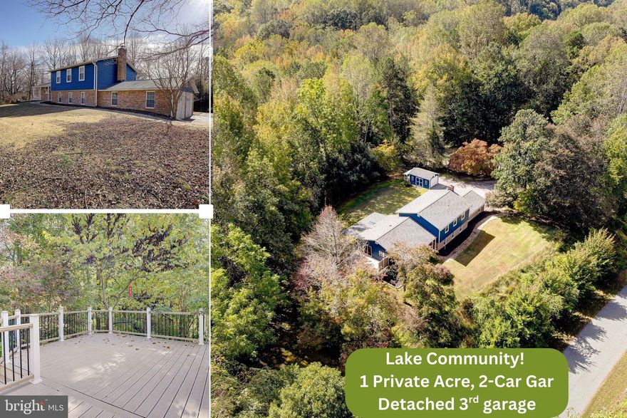 Gorgeous new siding on this multi-level home tucked away on a private, wooded one-acre lot in the Lake Ridge community of Northern Calvert County. Surrounded by mature trees, this property offers exceptional privacy, tranquility, and a super-quiet neighborhood setting, while still enjoying private lake access just a 5-minute walk away—perfect for fishing, relaxing, and enjoying nature.  The home features a bright,  open-concept layout with real hardwood floors throughout the main level and all bedrooms conveniently located upstairs. You'll love the custom gourmet kitchen featuring massive granite countertops, floor-to-ceiling custom wood cabinetry, custom tile flooring, and a full suite of KitchenAid and GE appliances that complement the rich cabinetry. The spacious family room offers a cozy fireplace, built-in bar, and plenty of room for entertaining, while the extra-large lower-level recreation room includes a full bath—ideal for guests, multi-generational living, or game nights.  Step outside to enjoy two walk-out outdoor living spaces: a fully screened-in deck for comfortable evenings and a large Trex sun deck on the side of the home—both overlooking the peaceful, wooded surroundings. Additional exterior features include a large shed and beautifully maintained walkways. Car enthusiasts, hobbyists, or those needing extra space will love the three-car garage setup, which includes an oversized, fully finished and insulated two-car garage with insulated doors, plus a detached one-car garage that also makes an ideal workshop. Recent updates and improvements include a remodeled primary bathroom, new siding (2024), a new roof (2021), a Harman pellet stove (2021) serviced annually, water softener (2019), water heater replacement (2019), and newer windows throughout (within the last 10 years). The HVAC system has been well maintained and serviced annually, septic is regularly pumped (most recently spring 2025), and the well is tested yearly for peace of mind. Located in an area of excellent schools, including Huntingtown High School, with an easy commute to Joint Base Andrews and Washington DC, this home perfectly blends privacy, comfort, and convenience.