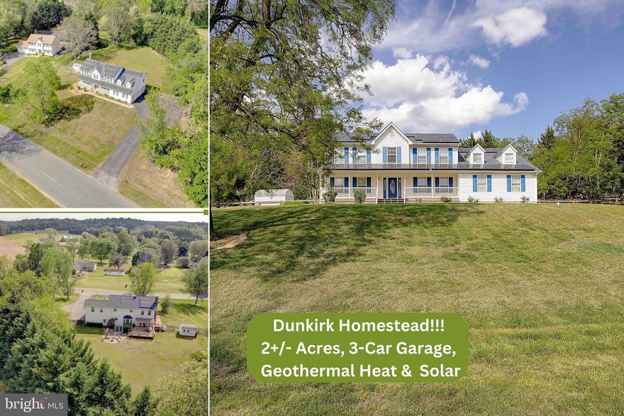 HOMESTEAD HAVEN in Dunkirk!!! Bring your chickens to this 1.3 acre property and live off the grid (90%) enjoying self sufficient living with Geothermal heat (with both whole house dehumidifier and humidifier) and solar panels that cover 80-90% of the home's electric usage! Has an upgraded whole house air filter on the furnace and an electric hot water heater with de-super heater boost (is energy efficient  w/ cost savings).   Property is 1.05 acres but includes .30 acre adjacent lot that runs along the property fence line and provides walkable access to Dunkirk Park where you can enjoy picnicking, tennis courts, basketball courts, ball fields, dog park, skate park, playgrounds and trails! Backyard has split rail and wire mesh fencing with a shed, large deck with pergola and a patio with stone pavers.  Taste the kiwi and blueberries that grow along the property's perimiter --and easily plant a garden for all your other summertime  vegetation (three rain barrels will convey).  Plenty of parking with a 3-car garage that has a work bench and an inside garage hose bib (plus three additional hose bibs outside garage).  Inside the home is four bedrooms and two full bath upstairs, half bath on main and a full bath (with tub and ceramic tile) and possible 5th bedroom with french doors in the finished basement. A large bonus room (office, nursery, studio) over the garage is just off the primary suite and has walk-in attic access for tons of storage! Primary bedroom has cathedral ceilings and a walk-in closet with customized closet organizer built-ins. The primary bath has been updated with a walk-in shower with marble tile, build-in custom cabinetry, ceramic tile walls and floor.  Home has two fireplaces - a brick, wood-burning f/p in the family room off the kitchen, and a gas f/p in the basement recroom. Has newer DuraCeramic flooring in the kitchen and family room. Kitchen is original with hunter green laminate countertops, oak cabinets and white appliances.   The kitchen is spacious and has table space as well as an island. New owner could easily update over time. Kitchen has a unique solar tube skylight that connects through to the attic and roof. This unusual feature allows for moonlit ambiance in the nighttime as well as the shadows of an occasional bird flying by! Home is in great shape, with roof replaced in 2017 along with new solar and geothermal heat pump installation. New French doors off family room. Located in a fabulous location of Northern Calvert County of excellent schools, super easy commute to Joint Base Andrews, Washington DC and Annapolis and 15 minutes from the beach area and boardwalk. Minutes to Dunkirk shopping, restaurants, and parks!!!***Please note the recent thunderstorm took down a small tree in the front.  Sellers will be getting it removed***