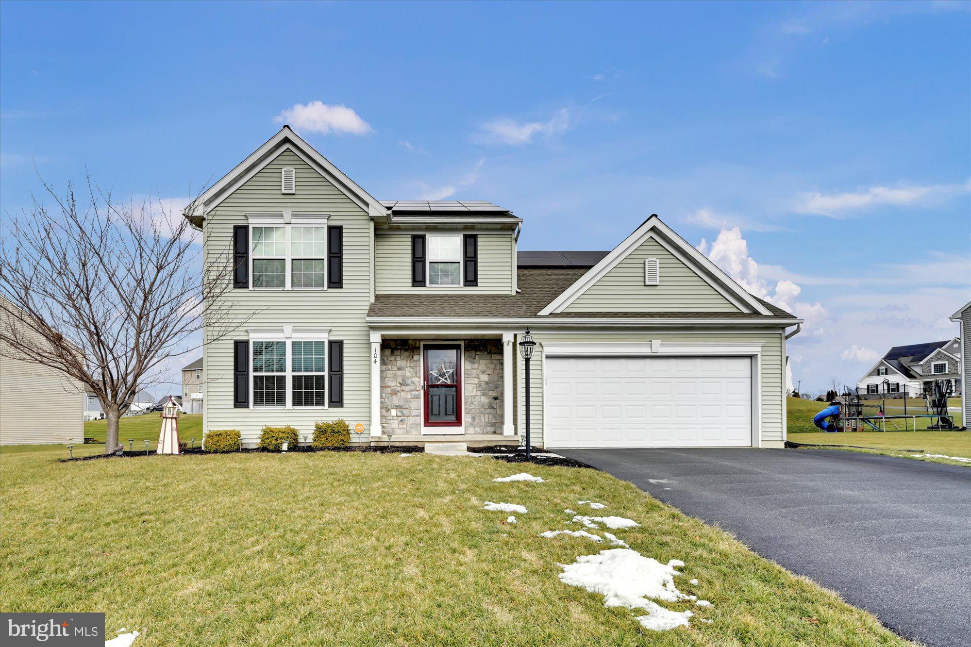 If you are looking for a development style home in the Eastern part of Lebanon County, welcome to 104 Oaken Way in Fallen Oak Estates.  This 2-story home consists of 2,088 square feet situated on a nice lot measuring 0.35 acres! The main floor as you enter the foyer has an office, half bath, large eat-in kitchen, family room and mud room area with 1st floor laundry.  The kitchen has vinyl flooring with stainless steel appliances, including a dishwasher, and an island with bar stools for extra seating.  The second floor contains all 4 bedrooms and 2 full baths.  The master bathroom is equipped with a standup shower and double vanity sinks.  Also, in the master bedroom is a nice sized walk-in closet.  The partially finished basement does provide area for extra storage and the potential to be finished fully.  Heat pump with central A/C.  Back patio area.  Shed.  200AMP.  The Fallen Oak Estates development does NOT have an HOA.  This is a great, walkable community in the Eastern Lebanon School District.  Solar panels that are on the property are leased with Trinity Solar.  Sale is contingent on sellers securing suitable housing.