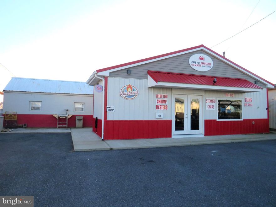 Great opportunity to own a nearly new building on bulkheaded 61 ft. front lot on busy Somers Cove channel into Somers Cove Marina.  1488 sq. ft. building in metal frame, siding and roof on concrete slab, built for a seafood market/restaurant with indoor seating and outdoor porch/beach seating.  Separate small block building, currently used as an office.  Great location for an entrepreneur with waterfront visibilty and location near the City dock and Somers Cove Marina area.  Restaurant equiment may be purchased along with the building for an additional $75,000.00  Turn key market/restaurant with equipment purchase.  See agent for list of equipment.