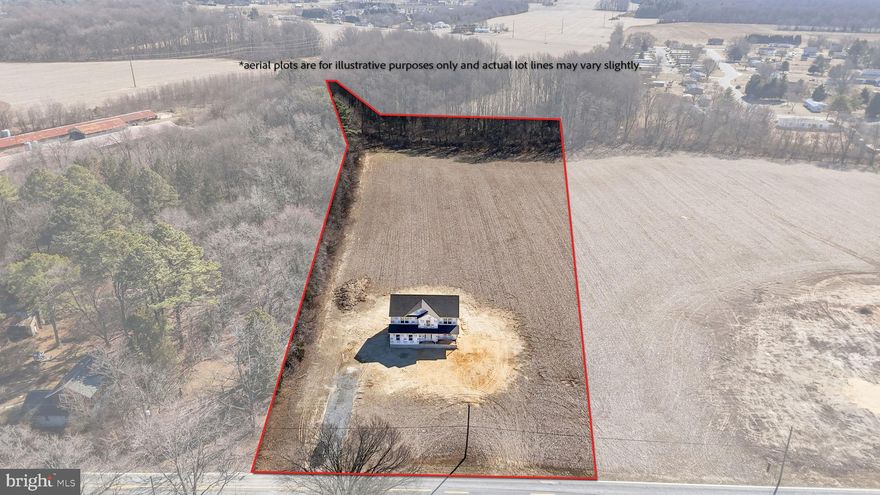 More Photos to come as the home construction nears completion! Discover the peaceful charm of country living! This exceptional 3.09-acre cleared lot is your canvas for creating your dream oasis in a serene setting, completely free from restrictions. Build a pole barn, a detached garage, and/or a shed. Bring your boat, RV, and ATVs, and even envision the pool you’ve always desired—this property has endless possibilities! Step up to the expansive front porch, perfect for enjoying the outdoors, and inside this brand-new home, where superior craftsmanship meets modern design with over 2,500 sq. ft. of living space. The main floor welcomes you with a stunning chef's Kitchen, featuring stainless steel appliances, solid surface countertops, and beautiful cabinetry. The Kitchen flows seamlessly to the Dining area and Family Room. Enjoy your morning coffee in the Sunroom which is flooded with natural light. Take advantage of the versatile Living room which can easily transform into a Home Office, Media room, or Library. The second floor has four generously sized bedrooms and two additional bathrooms, providing ample space for family and guests. Your primary suite is complete with a luxurious spa-like bathroom and a spacious walk-in closet.  The unfinished walk-out basement is a blank slate, ready for transformation into a recreation room, home gym, theater room, or whatever your heart desires! Conveniently located near shopping, dining, schools, Dover Air Force Base, hospitals, beaches, parks, and more, this unique opportunity to own acreage combined with brand-new construction and endless customization potential is not to be missed. Make this incredible property your own and live the life you've always dreamed of!
Square footage, room sizes, and taxes(land only) are approximate-Buyer to do due diligence.