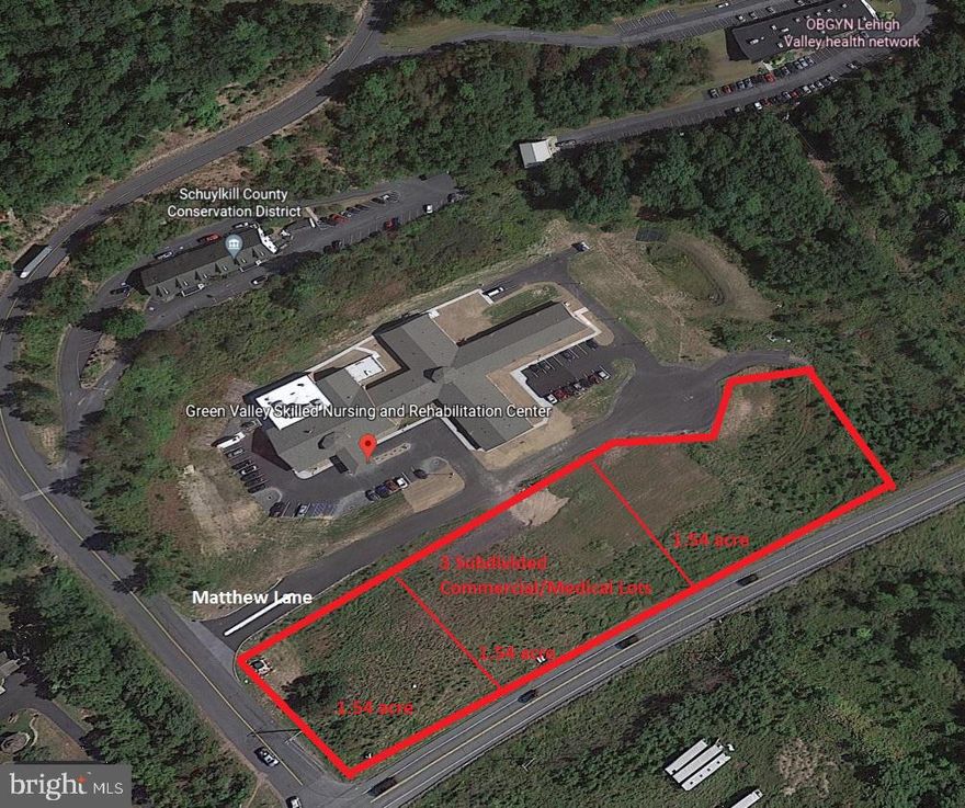 Premier 1.5-Acre Commercial/Medical Development Opportunity – Red Horse Rd & Route 901, Pottsville, PA

Now available: One of three individually subdivided 1.5-acre lots (totaling 4.6 acres available) of prime, shovel-ready commercial/medical-zoned land located at the east side of Red Horse Road and Route 901 (Gordon Nagle Trail) in Pottsville, PA. This is a rare opportunity to secure fully approved and improved lots in one of the area's most strategic and high-visibility locations—with a daily traffic count of approximately 12,000 vehicles.

Property Highlights:
Total Acreage: 4.6 acres subdivided into three separate 1.5-acre lots
Zoning: Commercial/Medical with recorded subdivision and full site plan approvals

Improvements:
Public water and sewer
Natural gas and electric on site
Stormwater management plan and SED basin in place
Turnkey Ready: Just submit building applications—no off-site utility work required

Strategic Neighbors:
Adjacent to a newly opened (2020) 40-bed nursing home operating at 85% capacity
Next to a 22,000 sq ft Lehigh Hospital–affiliated medical facility specializing in OB/GYN and women’s care

Pricing Options:
Individual lots (2a, 2b, 2c): $197,000 each
All 3 lots (4.6 acres): $497,000

Why This Site Stands Out:
Located just outside the city limits of Pottsville on Route 901—no city wage tax—this level building site is ideal for urgent care, medical offices, wellness centers, professional buildings, or complementary commercial retail. With infrastructure in place and medical synergy already established, this site offers a unique blend of speed-to-market, visibility, and location.

Site plans and approvals available upon request. Buyer to verify tax information.
