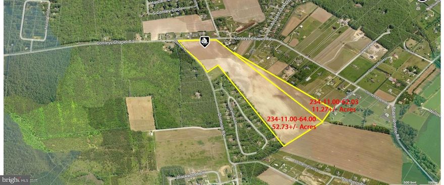 Sale to include two parcels totaling 64+/- Acres: #234-11.00-64.00, which is 52.73+/- Acres, and #234-11.00-62.03, which is 11.27+/- Acres. Almost all of the 64+/- Acres is cleared. There are no known wetlands on this property. Located on the corner of Conleys Chapel Road and Dorman Road with 765+/- linear feet road frontage on Conleys Chapel Road and 1048 +/- linear feet road frontage on Dorman Road. Property is located approximately 1 mile from Route 24 and 5 miles from Route 1.