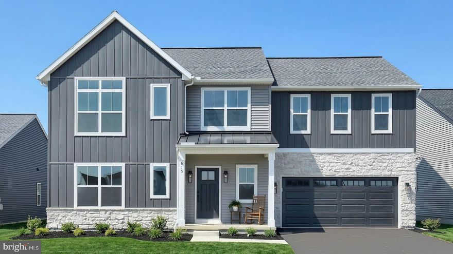 This 2-story home features an open floor plan, generous living spaces, and a 2-car garage with mudroom entry. The first floor boasts 9ft ceilings and stylish vinyl plank flooring throughout the main living areas. A versatile flex space to the front of the home can be used as an office or den. The open kitchen features stainless steel appliances, quartz countertops with tile backsplash, and a large island and pantry. Adjacent to the kitchen is the sunny dining area with sliding glass door access to the rear patio. The cozy family room is warmed by a gas fireplace with stone surround. All 4 bedrooms, 2 full baths, and a convenient laundry room can be found on the 2nd floor. The spacious owner’s suite includes an expansive closet, tile shower and double bowl vanity. Images may include virtual furnishings for illustrative purposes only.