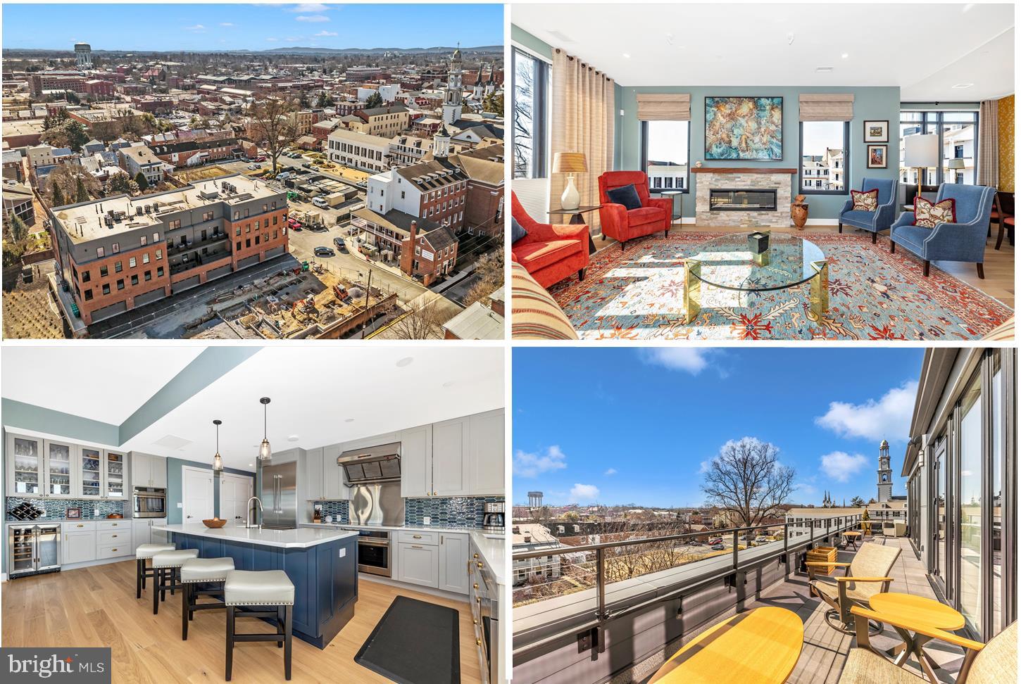 Luxury, penthouse condo in downtown Frederick, adjacent to Frederick Visitation Hotel and Wye Oak Tavern! Showcased on the Frederick holiday tour. Move-in ready, no waiting for new construction. Exceptional open floor plan is perfect for entertaining. Gourmet kitchen with Thermador refrigerator and double ovens, living room with fireplace featuring stacked stone surround and custom mantel and beautiful dining room. Bar area with glass display cabinetry and wine refrigerator. Two primary bedrooms with en-suite bathrooms and walk-in closets. Separate laundry room, powder room and den/bedroom 3. Expansive, private balcony with retractable awnings. Panoramic views include Sugarloaf Mountain , Frederick Visitation Hotel and the iconic clustered spires. Condo includes private extended garage with parking for 2 cars, electric car charger, additional space for storage and separate lounge/exercise room with ceiling fan, refrigerator with ice/water and utility sink with hot/cold water.