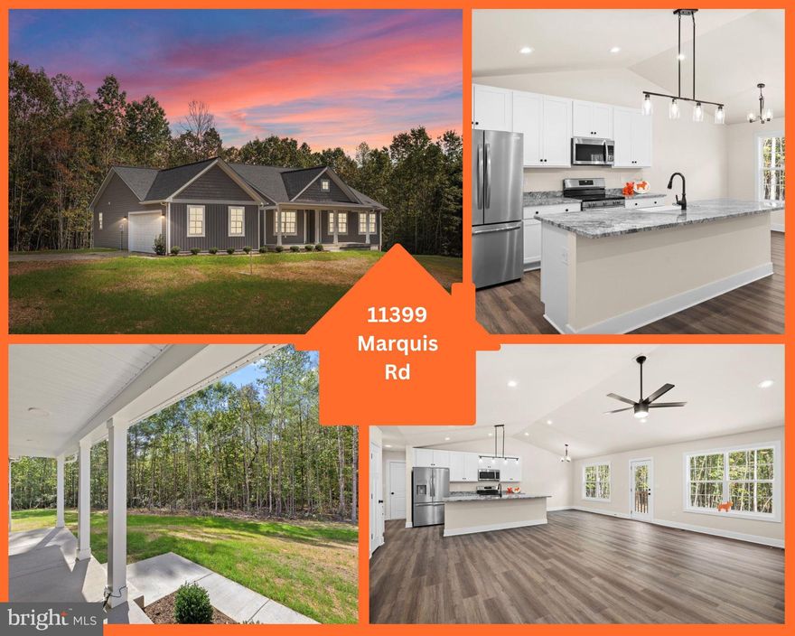 11399 is located at the end of the driveway.  There is one other home to be build on this road (total of 2), just behind the White House on the left that is facing Marquis.  ADDITIONAL 3.658 ACRES IS AVAILABLE WITH THE HOME PURCHASE FOR $100K. WILL NOT BE SOLD SEPARATELY.  It is parcel number 2 on the survey.  If this site was built on the access if from the other side of the lot off the marked new driveway.  It will not be visible. Experience the perfect blend of space, style, and serenity with this FULLY completed 5 bedroom , 2 bath rancher tucked away on 7.458 peaceful acres in Unionville, Orange County.  Thoughtfully designed with a split-bedroom layout, this home offers the ideal balance of privacy and functionality for modern living.
Step inside to discover soaring vaulted ceilings and an inviting open-concept living area—perfect for both everyday comfort and effortless entertaining. The spacious kitchen flows seamlessly into the living and dining / breakfast spaces, creating a natural gathering spot for family and friends.
A two-car garage provides convenience, while the expansive acreage offers endless opportunities to garden, explore, or bring your animals and enjoy the freedom of country living. Perfectly located just minutes from Route 20 and local amenities, this property combines the tranquility of the countryside with easy access to town conveniences.
Don’t miss the opportunity to make this peaceful retreat your own slice of Orange County paradise.  Home percs for 4 bedrooms. Additional room could be bedroom or office or flex space.