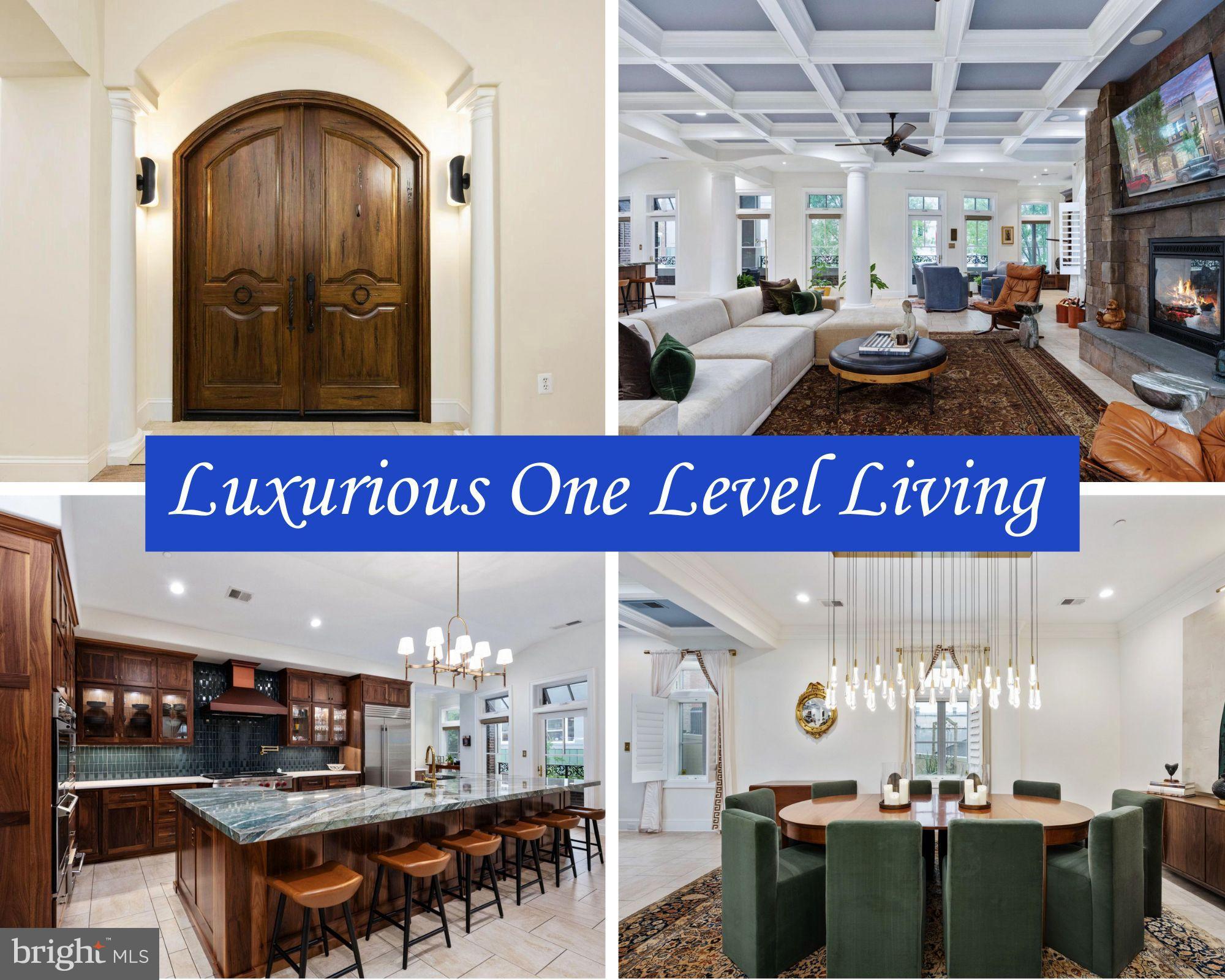 An exceptional and rare offering in the vibrant heart of downtown Fredericksburg. This remarkable property offers over 4,528 sqft of stately one-level living and is unparalleled in quality and attention to detail. It is exquisitely designed and does not disappoint. Experience a maintenance-free lifestyle in a meticulously renovated home where every detail has been thoughtfully curated with high-end custom finishes. As you approach the residence, you are welcomed by grand double entry doors crafted from oak, hinting at the sophistication that lies beyond. Upon entering, a generous guest foyer greets you with a stunning custom mosaic floor insert, a gracefully curved ceiling, beautifully highlighted by elegant undermount lighting. Extensive millwork and craftmanship abound. To the left, French doors open into a flex room currently being used as an office. Beyond the large foyer, breathtaking views unfold in both directions of the hallway. To the right, architectural pillars and arches in succession with low accent lighting radiate elegance and tranquility, an invitation to elsewhere. To the left, the expansive living room flows effortlessly into the dining area and gourmet kitchen, creating an ideal open concept space for entertaining and everyday living. This inviting area is enhanced by coffered ceilings, a striking floor-to-ceiling gas fireplace centering the space, and floor-to-ceiling windows and doors with transoms that allow the space to be filled with an abundance of natural light. On the doors leading to the balcony, custom-fitted Norman remote-controlled roller shades. The balcony is the length of the building, wide and pleasingly curved with a custom wrought iron railing, providing great views of city life. In the corner is a hand-crafted walnut wood built-in bookcase with a tête-à-tête seating arrangement nearby. The kitchen is a chef's dream, recently remodeled with exquisite walnut cabinetry crafted by Mill Cabinetry Inc. It includes a sleek soapstone sink in the shade of “charcoal soapstone suede,” an eye-catching porcelain countertop in royal peacock, and a marble perimeter countertop in pristine snow-white hue. High-end appliances such as the Subzero refrigerator, a dedicated coffee station, a Wolf gas range with a convenient pot filler, and an attractive range hood are all beautifully complemented by stylish light fixtures and a deep-sea shimmering backsplash. Adjacent to the kitchen is a butler's pantry with a custom walnut countertops complete with pull-up outlets and marine-grade sealant. The dining space has a stunning one-of-a-kind chandelier on a dimmer switch, with custom light fixtures throughout. The laundry room is a dream come true, adorned with a beautiful wall covering, cabinetry, and a custom folding table over the washer and dryer, another testament to the home's bespoke design. The expansive primary suite features two generously sized walk-in wardrobes, a fireplace, a private balcony, and a spa-like bathroom equipped with a spacious multi-jet shower, double sinks, and a stand-alone pedestal soaking tub. There are two additional guest bedrooms with en suite bathrooms, with one featuring its own private balcony. This residence includes a remote-controlled gated parking entry at the rear, providing ample space for multiple vehicles in the garage. Included is a large ground-level storage room. The building is constructed with carefully engineered autoclaved aerated concrete, ensuring a serene atmosphere free from any outside sounds. All aspects of this home have been remodeled in recent times, making the home turnkey ready. For the discerning buyer this is a fantastic value! Every detail exudes quality, style, and sophistication, making it a one-of-a-kind gem. No maintenance, main-level living, secure, private, and a stunningly beautiful residence in a superb location. For those who demand the very best and appreciate a little luxury, this may be the one for you!