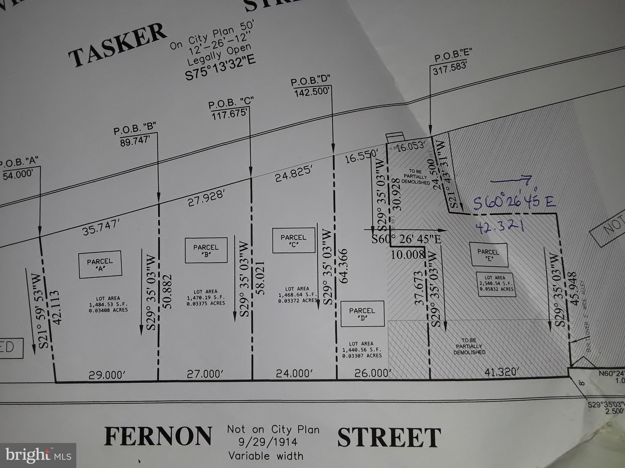 8,405sf paved lot and existing structure. Survey District approved for 5 lot conforming subdivision, Parcels A-E; PARCEL A: 1,484sf PARCEL B: 1,470sf PARCEL C: 1,469sf PARCEL D: 2,541sf with existing, 3,000+sf, steel and masonry, 2 story building. Each lot Street to Street, Tasker to Fernon with rear frontages for 2+ car garages. Phase 1, 2 and 3 environmental complete.Check out the $1M homes across the street on Tasker and Greenwich Sts.