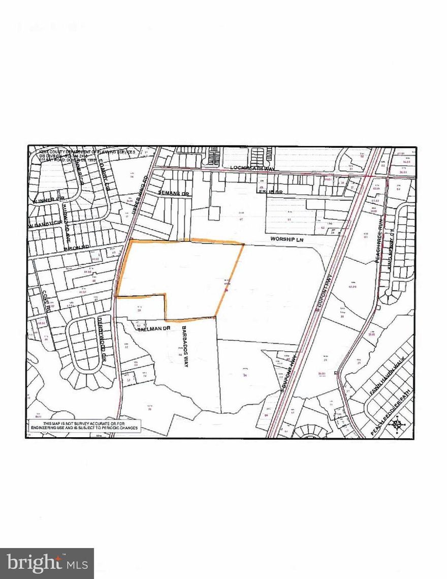 36.26 acres zoned for apartments in Camden. Sewer will be available from a pump station on site that is under construction.

Water is available from Tidewater Utilities. Natural gas is in the area.

The site plan sketch is attached showing a potential in excess of 300 apartment units