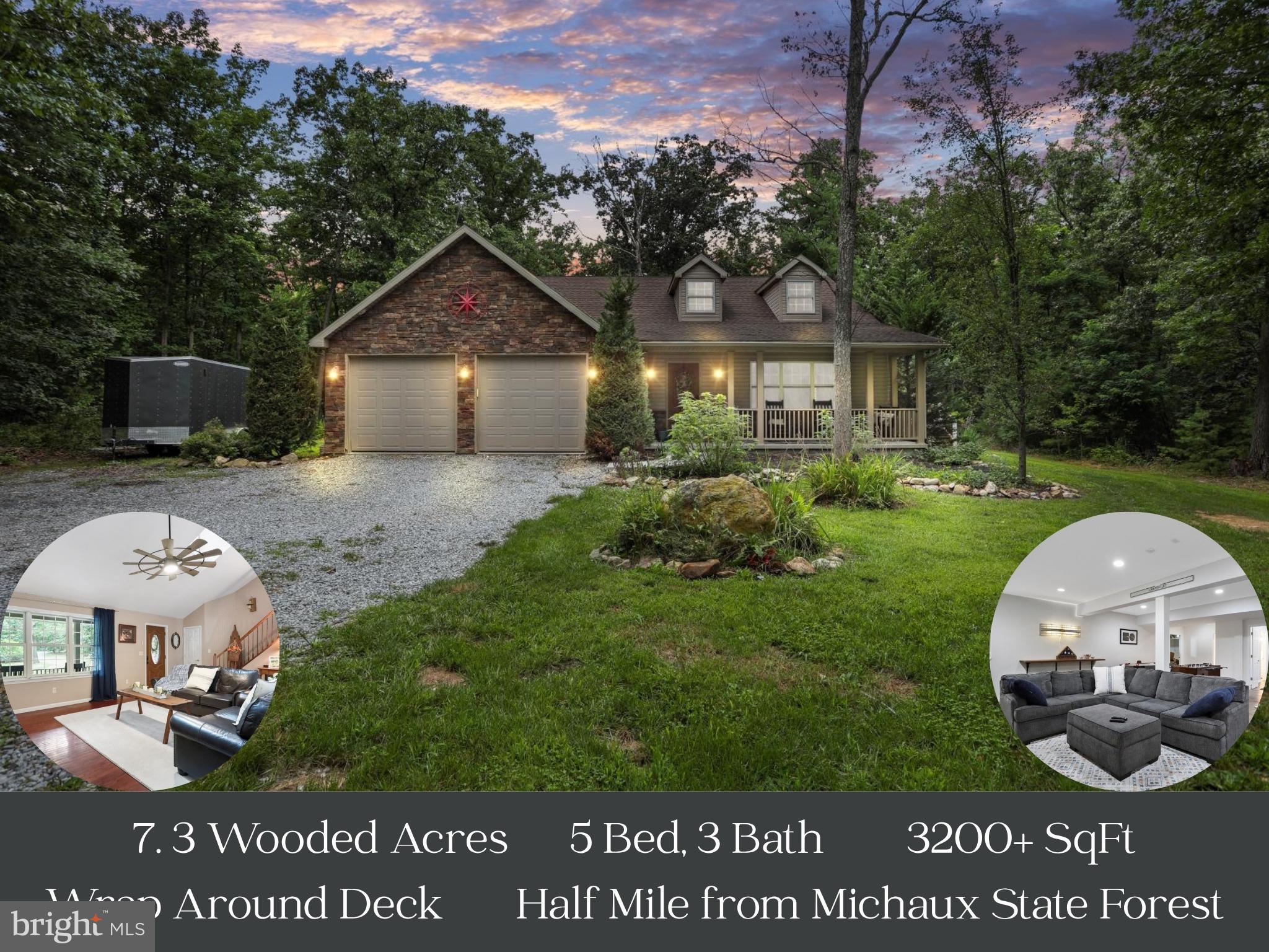 Looking for a beautifully maintained property tucked away in your own wooded 7.3 acre lot? This is it! This ranch style home built in 2013 has 5 bedrooms, 3 full baths, and plenty of room for a large family, but can work for just about anyone. As you enter through the front door, you'll see a 12'+ high ceiling in the living room with a farmhouse style fan, hardwood flooring throughout, a kitchen/living/dining combo area with a large island, granite countertops and plenty of cabinet space. Down the hallway takes you to the first floor laundry room, access to the two car garage, a first-floor full bath, two of the five bedrooms (one has a walk in closet), the main bedroom which has a high peaked ceiling, its own private full bath with two individual sinks, and a walk in closet.
Going upstairs to the second floor, you'll find two finished bedrooms both with walk in closets, hardwood flooring, an unfinished bathroom that is plumbed and electric ran to, ready to be finished with your personal touches. Heading to the basement, 50% of the basement is finished, and a projector movie screen ceiling outlet ready for those fun movie nights. It is currently being used as a second living area, gym and arcade room. The other half of the basement is concrete and great for storage. A separate finished room in the basement can be used as an office, gym, or anything else you can imagine.
Going outside, a large wrap around deck is seen off the kitchen which is great for entertaining, and a front porch swing for relaxing on those beautiful days spent outside. A large equipment shed can be found in the back yard along with an outdoor wood boiler to help heat the home throughout winter. All of this sits on 7.3 mostly wooded acres (two parcels being sold together) which is great for hunting or other outdoor activities. All types of wildlife including deer and turkey have been seen on the property! Only a half mile from the base of the Michaux State Forest which consists of 85,000+ acres allowing fishing, hunting, camping, kayaking, atv and horse trails. Only 4 Miles to Shippensburg, and conveniently located between Chambersburg and Carlisle with easy travel on I-81. Make this hidden gem yours while it lasts!