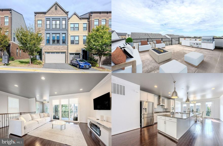 This brick front end unit townhome located in amenity filled Brambleton Town Center stands out with its rare combination of luxury indoor spaces with high ceilings and an abundance of windows, and outdoor spaces...a fenced yard, covered porch off the living room, and a fabulous rooftop deck. The "Davis" floorplan offers 3,196 square feet of open living space with modern finishes and thoughtful details. High-end selections include gleaming chef-grade stainless steel appliances, like cooktop, suspended vent hood, wall oven and microwave, upgraded lighting, wide-plank hardwood flooring, and designer touches throughout. The entry level features a two-car garage with driveway parking for two more cars, a large private suite with a walk-in closet and full bath with granite topped vanity and glass enclosed shower, and a lighted filled foyer and hallway with a glass door opening to the fully fenced yard. This level also includes a wet bar rough-in, making it ideal as a guest suite or flexible family room. The main level has a bright open layout that flows together featuring the gourmet kitchen with an oversized center island, a sun filled dining room with wall of glass and French door opening to a Juliette balcony. The spacious living room features an oversized sliding glass door and a sunroom area with glass door both opening to the covered porch, seamlessly blending indoor and outdoor living. A convenient powder room rounds out this level. Upstairs you’ll find a luxurious primary suite boasting a deep tray ceiling with lighted ceiling fan, huge walk-in closet, and a sitting area with a romantic gas fireplace. The ensuite bath features a granite topped dual sink vanity, water closet, soaking tub, and frameless glass enclosed rain shower. Two additional bright and cheerful bedrooms, each with hardwood flooring and contemporary lighted ceiling fans, share access to the hall bath with a granite topped vanity and tub/shower. A stairway leads to the spacious rooftop deck that is ideal for entertaining and simple relaxation. Living here provides access to a plethora of community amenities and puts you within minutes of Brambleton Town Center with shops, dining, movies, and fitness options. The schools are part of Madison’s Trust Elementary, Brambleton Middle, and Independence High School. If you’re looking for luxury, comfort and convenience, welcome home! Rooftop deck has been virtually staged.