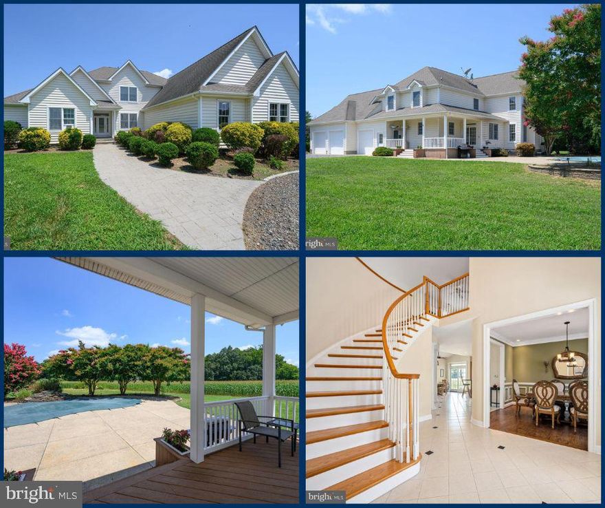 If you're looking for the road less traveled, away from the hustle and bustle, yet still close enough to everything, this is the property for you!  Eastern Shore custom-built home spans over 3,000 square feet and is perfectly situated on 2+ acres in Queen Anne's County.  Upon arrival, you'll be captivated by the serene picturesque farmland that borders the residence.  This beauty has so much to offer, the open-concept design features a generously sized chef's kitchen, complete with an island/breakfast bar, double oven, and corian countertops. Adjoining this culinary haven is a two-story living room, enhanced by the inviting ambiance of a gas fireplace and a sophisticated tray ceiling. The main level also includes a designated dining area, a versatile office/study, a large laundry room and half bath. Let's not forget about the luxurious primary suite that is conveniently located on the first floor, offering a elegant tray ceiling, a spacious walk-in closet and a spa-like bathroom.   Upstairs, a gracefully curved staircase leads to a large open landing, three generously sized bedrooms, and a full bathroom.  Outdoor amenities include an inviting in-ground pool with a tranquil waterfall, a covered back porch with  durable Trex deck perfect for outdoor entertaining. Additionally, it features a convenient oversized three-car attached garage loaded with cabinets and shelving and a welcoming circular drive. Ideal location, only 10/15 minutes to  historic Chestertown and Centreville - a quaint picturesque town featuring a court square and a town wharf.  Just minutes from MD Route 301, making your commute to the Chesapeake Bay Bridge, outlet shopping, waterfront restaurants, marinas effortless.  Plus enjoy easy access to the beautiful beaches of Maryland and Delaware Water access is incredibly convenient, with Southeast Creek and Kennersley Marina just a couple minutes down the road, perfect for all your boating, kayaking, fishing, and crabbing adventures!  Make your move before someone else does!
