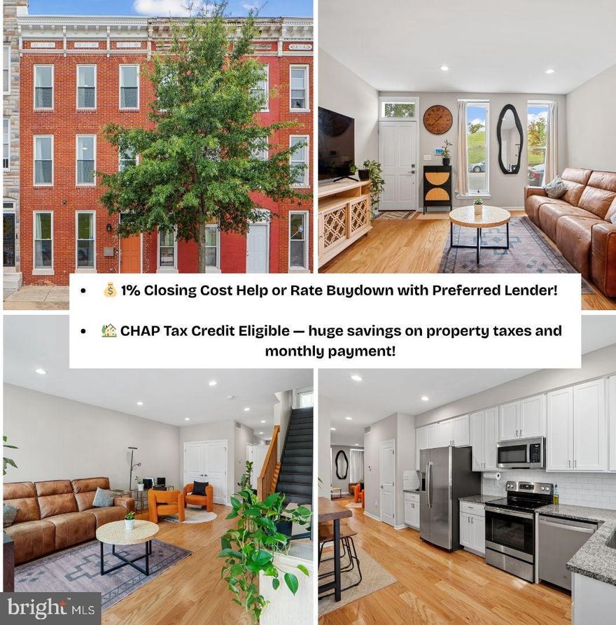 💰 Preferred lender offering 1% closing cost help or rate buy-down and CHAP Tax Credit Eligible!
807 E Chase Street, Baltimore, MD — Experience city living at its best in this beautifully renovated townhome, eligible for unbeatable savings with a CHAP tax credit that reduces your property taxes for 9 years.
This three-level home blends modern style with convenience. The main floor features expansive updated windows and gleaming hardwoods, plus a chef’s kitchen with brand-new stainless steel appliances, upgraded granite countertops, soft-close cabinets, built-in microwave, large pantry, and a new washer & dryer with warranty. A half bath adds ease for daily living. Step out back to fully fenced yard — perfect for entertaining. The fence has recently been replaced!
Upstairs, find two spacious bedrooms with a full bath and double sinks, plus a convenient laundry area. The top floor is dedicated to a private primary suite with generous space and comfort.
Enjoy unbeatable convenience — just minutes from Downtown Baltimore and the Inner Harbor, with easy access to shopping, dining, and entertainment. You’re also close to Johns Hopkins Hospital and University, making this home ideal for work, study, and play.
Three fully finished levels, thoughtful upgrades, and prime location — all with major tax savings. Schedule your showing today!