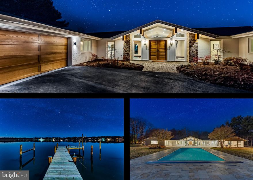 OPEN HOUSE this Sunday, April 7th, 12 pm - 3pm! This mid-century modern marvel captures all elements of design with its clean lines, natural light, and simplistic beauty. The natural white oak accents start at the entrance and seamlessly transition through the great room to the silver travertine patio. With a double lot totaling 1.21 acres, over 300ft of pristine waterfront, a brand-new pool w/ autocover, bulkhead, and pier your summers will never be the same. This home is an entertainers dream with a wide open floorplan that flows from living to dining and the to more intimate spaces without ever feeling overwhelmed. Boasting 5 bedrooms, 4.5 bathrooms, and 4950 square feet of finished living space all on one convenient level. Custom Amish made white oak accents include the front doors, garage door, overhead beams, and range hood. 14ft high vaulted ceilings can be found in the formal living room, kitchen, master bedroom, and garage. Kitchen features GE Monogram appliances, custom built cabinetry, soapstone countertops, two separate islands, wine refrigerator, and elegant fixtures. All baths include ceramic tile floors, glass shower doors, custom built vanities w/ honed finish quartz tops, and chrome fixtures. The family room is accompanied by a wood burning fireplace, large dry bar w/ wine refrigerator, and access to the pool/patio/screened porch. The large master bedroom has a siting area, access to the pool/patio area, and the perfect layout to enjoy the view with every mornings rise. The master bathroom is dressed with silver travertine tile flooring, a tri-fixture silver travertine shower, freestanding soaking tub, and large separate vanities. This truly is a one of a kind architectural marvel that can only be experienced firsthand.