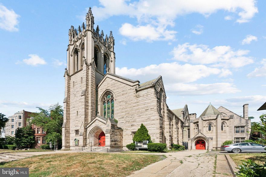 This remarkable church property is a designated historic landmark in the heart of the Sixteenth Street Historic District. With its incredible architecture and dynamic Dupont-Logan location, it is an exciting opportunity for a new congregation, residential development or limited business uses per the RA-4 zoning (such as a school or art gallery). The Sanctuary building with a soaring 44+ foot vaulted ceiling was designed in the Gothic Revival style by renowned architect Langford Warren; the 1894-1896 construction was supervised by Paul J. Pelz, best known as the main architect of the Library of Congress. The stunning stained-glass windows include one from the Tiffany & Co studios; no changes can be made to the windows nor the building exteriors because of the historic status and zoning. The three-level Parish House (South Wing) was added by the same architectural team in 1912. The total building area is 16,150 estimated square feet with a lot size of 9,860 square feet. This active Swedenborgian church has an estimated seating capacity in the Sanctuary of 340; the South Wing has large and smaller meeting rooms for gatherings and services. There were major renovation projects during 2018-2022 including extensive tower repair work, two new 200 amp electric panels, new boilers for radiator heat and the addition of air conditioning (CAC in the Sanctuary and wall AC split units in the South Wing). Off the 16th Street front driveway find parking for up to five cars; there's a wide alley from Corcoran Street at the rear door.