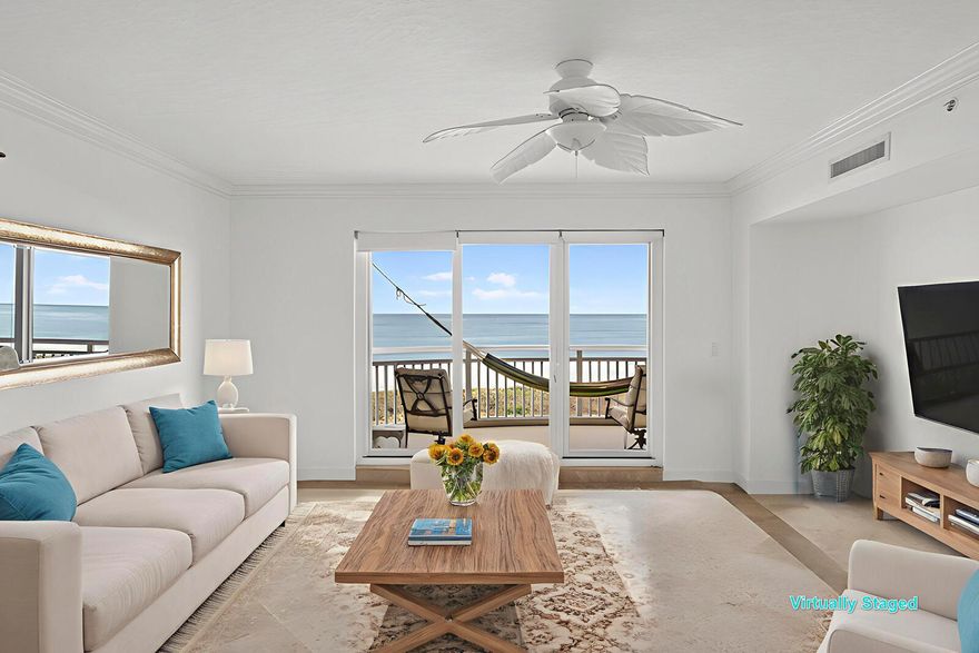 LUXURY OCEANFRONT LIVING. Wake up to breathtaking sunrises and enjoy sweeping 180-degree ocean views from this stunning almost 2000 Sq ft residence. This condo is minutes from Vero Beach at a fraction of the price
This elegant condominium offers 3 bedrooms and 3 full baths in a spacious open-concept layout. The main living areas feature travertine flooring, granite countertops, and stainless-steel appliances, creating a refined and timeless coastal aesthetic.
The oceanfront primary suite captures both sunrise and moonrise views, complemented by cooling sea breezes and the soothing sound of the waves. The luxurious primary bath includes dual walk-in closets, double vanities with marble counters, a Jacuzzi tub, and a large walk-in shower. Two additional bedrooms one (en-suite) along with a full laundry room complete the interior and a large balcony.

Community Amenities Include:

Clubhouse with gathering room and full kitchen

Fully equipped fitness center

Large resort-style pool and separate spa

Boardwalk access to the beach

Personal deeded garage and ample guest parking

Gated community