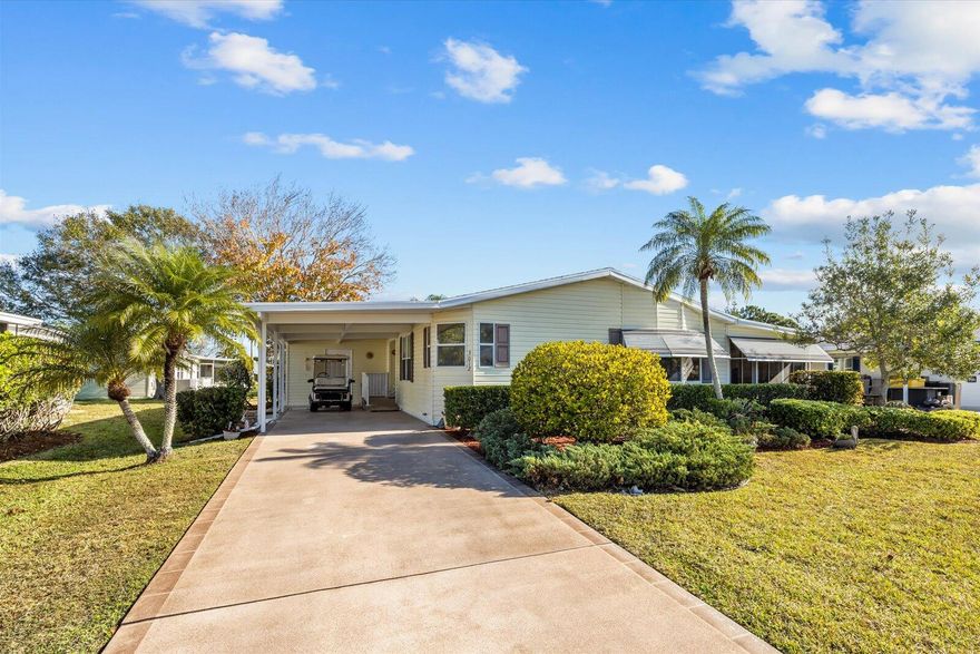 Say hello to seasonal or full time living in this furnished 2 bedroom, 2 bath home in the desirable Savanna Club 55+ community. Home is light and bright with an island kitchen, plantation shutters, an open living room layout, enclosed lanai and newer roof and A/C. All measurements approximate, buyer to verify. Land Lease Property