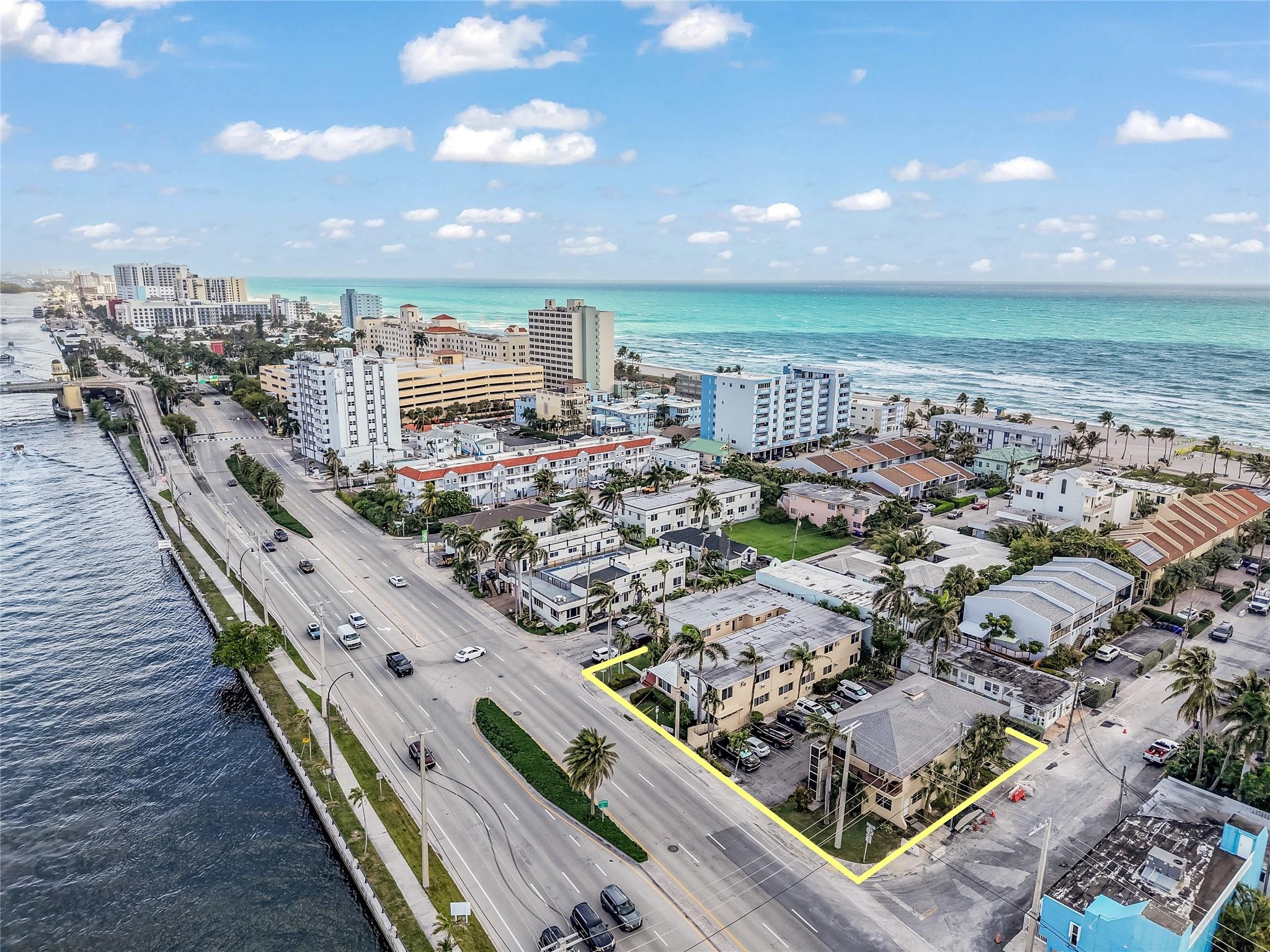 Welcome to Sandcastle by the Sea Apartments, located just steps from the Hollywood Beach Broadwalk! This exceptional and massive property sits on multiple lots of nearly 18,000SF, boasting stunning views of the widest intracoastal area along the beach. It occupies the entire end of a beach block with direct Broadwalk access, making it one of the rarest investment opportunities on Hollywood Beach. Featuring 17 total rental units; (11) Large 1 BR, (5) Efficiencies, (1) Large 2 BR. Additionally, there are 14 included parking spaces, adding significant appeal, as on-site parking is scarce in the area.
The purchase includes the adjacent property at 513 S Ocean Drive.
Conveniently located just 10 minutes from Hollywood/Fort Lauderdale Airport and near the Hard Rock Casino and Miami Beach!