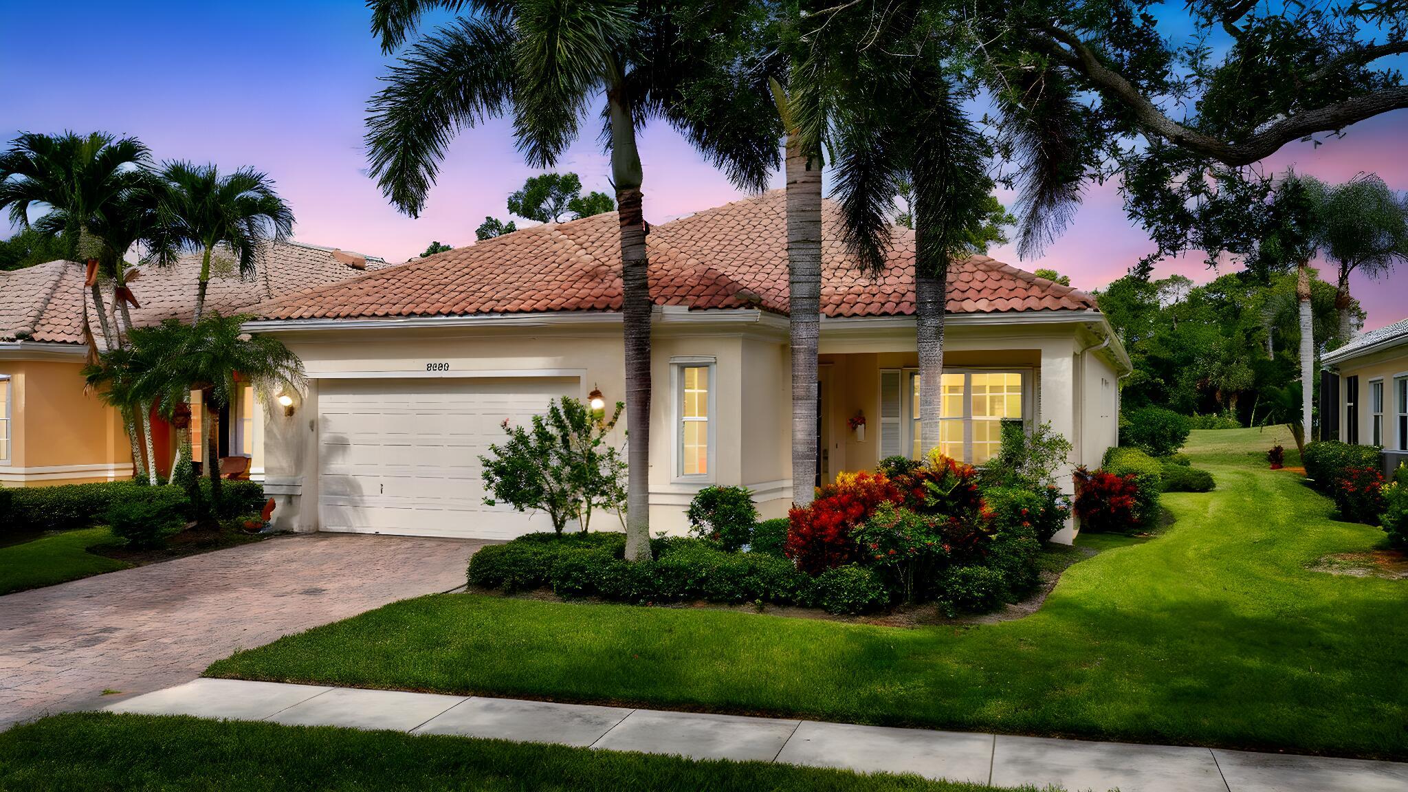 Exquisitely upgraded no detail overlooked including closet built-ins, a motorized patio screen, extensive crown moldings, large base boards, and an epoxied garage floor. Updated kitchen with quartzite countertops with stainless steel appliances. Upgraded master bathroom with frameless glass shower. The covered patio area with a motorized screen extends to a concrete sitting area overlooking nature and golf course view. Across the street is a park like setting with no other homes directly across the street. This is a truly move-in ready home in impeccable condition. The Florida Club is a gated community surrounded by a pay and play golf course. The community offers a pool and tennis courts. The HOA provides lawn and landscape maintenance, and cable TV. No lease 1st year of ownership.