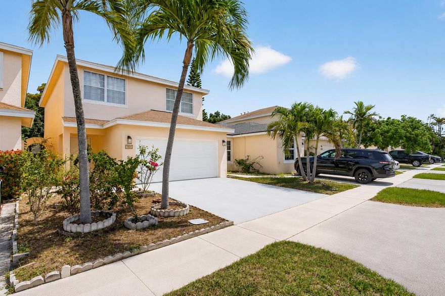 Welcome to Eastridge, a beautifully updated two-story home. This move-in-ready residence features 3 spacious bedrooms plus a flexible loft for office or potential  4th bedroom. Thoughtfully upgraded throughout, the home includes a new roof (2022), new A/C (2023), and a beautifully remodeled kitchen completed in 2020 with striking granite waterfall countertops, recessed LED lighting, and under-cabinet lighting. New floors. Step outside to a true gardener's paradise. The backyard is filled with mature fruit trees, including mango, avocado, and lemon, along with a variety of flowering plants that create a peaceful outdoor retreat. Community pool. Conveniently located near major highways, shopping, dining, and schools, with low HOA fees of only $73 per month.