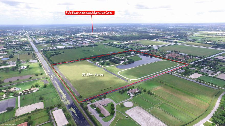 One of the finest properties in Wellington. 59+ acres minutes from WEF, GDF & IPC show grounds. 24-stall barn, 2 tack rooms, laundry room, 4 grooming/wash racks and large hay/storage room. Each of the 3 groom's apartments has a full bathroom and full kitchen. Tastefully designed separate owner's lounge with a large kitchen, full bathroom and wrap around covered porch with an Asado grill for entertaining. There is a separate storage/utility 3 bay garage with an office & workshop. The property has a full regulation polo field, a stick & ball field with an oval exercise track that wraps around the field. There are 10 good-sized turn out paddocks. This property has been meticulously maintained and is sub-dividable.