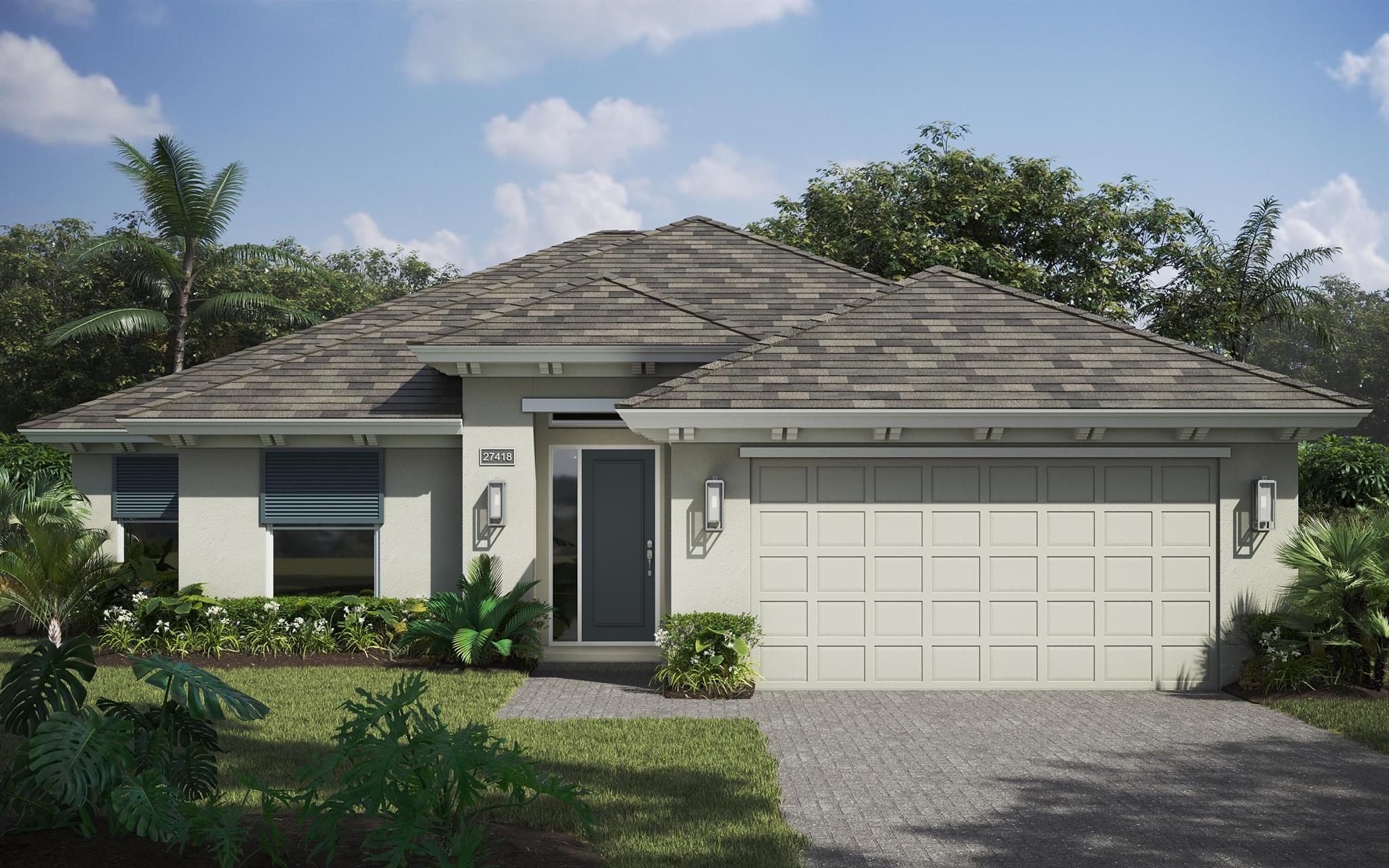 This beautiful Allura boasts over 2,100 square feet of luxurious living space, offering 2 beds, 2 baths, den, and a 2-car garage w/workshop. The gourmet kitchen features upgraded kitchen cabinets with crown molding, soft close and dovetail finish, upgraded backsplash, single sink, range hood, microwave/oven combo w/gas cooktop, expansive kitchen island with quartz countertops and walk-in pantry. Coffered ceiling has been added to the great room accenting the open space, creating even more natural light flow, a transom window has been added in the dining area. The master suite is upgraded with bay windows and widened by 2'. Additional enhancements include wood-look tile flooring throughout.