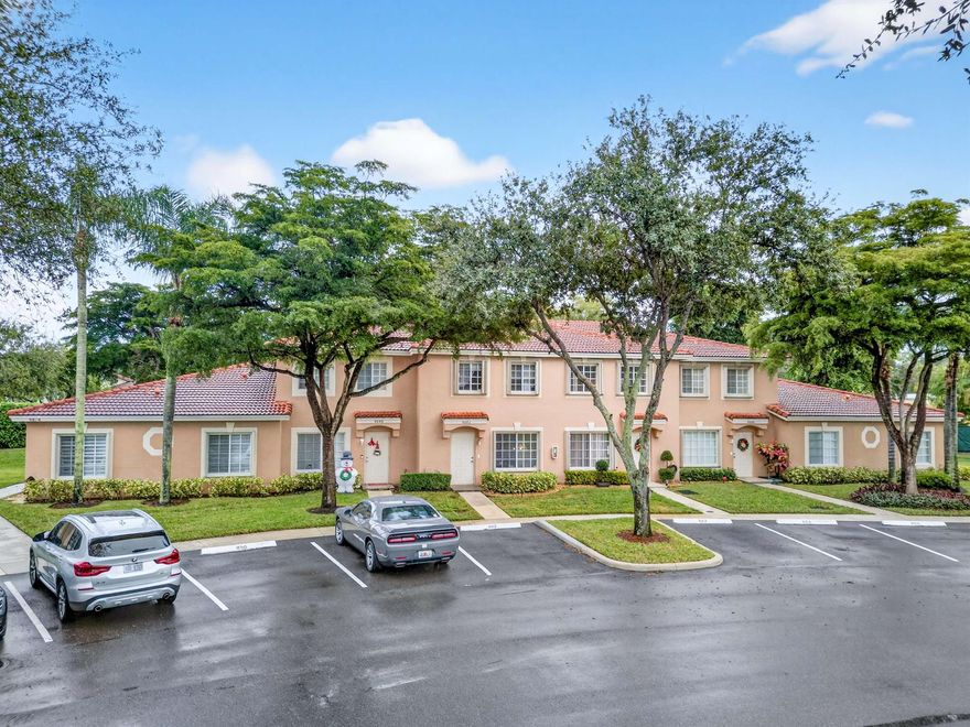 Beautifully spacious townhome in a prime Boynton Beach location, Santa Cruz! This well-kept 2BR/2.5BA home features a valuable flex room on the main level--ideal as a den, office, fitness space, or guest room. Enjoy extra-large bedrooms, abundant natural light, and a screened patio overlooking a serene, treed open green space maintained by the community. HOA fee includes building insurance, exterior maintenance, and a community pool, offering true low-maintenance living. A newer 2018 roof adds peace of mind.