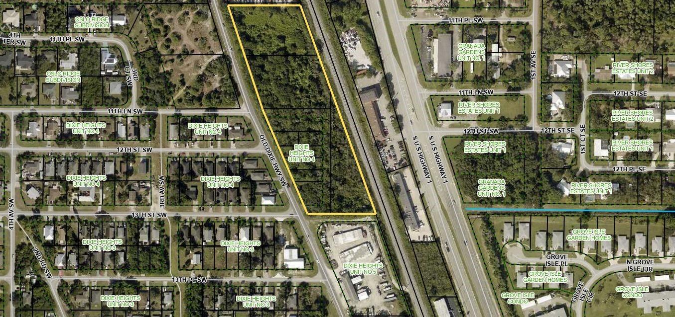 5.58+/- acres of commercial property with 900' of direct frontage on Old Dixie Highway. Ideal location with easy access to US Highway 1, Old Dixie Highway and Oslo Road with a new I-95 Interchange currently under construction. In the path of tremendous growth. Warehouses, Self-Storage, and a wide variety of commercial uses, make this property a great opportunity for development.