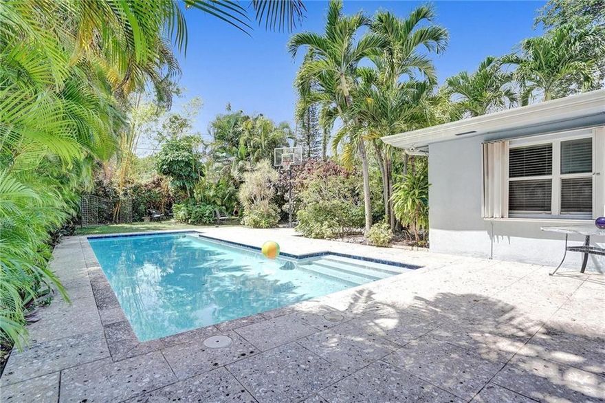 Welcome home to Rio Vista! This cozy home offers a chance to make it your own.  The lot is lush with landscaping which allows for the ultimate privacy.  Gorgeous newly resurfaced 35' long Heated Saltwater Pool only adds to the Zen like feel of the backyard.  The 3 bedroom, 2 Bathroom home is nestled on a peaceful sidewalk street with a walking path behind.  Close to downtown, Lauderdale Yacht Club, beaches and the airport.  Rio Vista is one of the most sought after neighborhoods in Fort Lauderdale.  A+ School District. 5 year a/c.  Barrel tile roof.