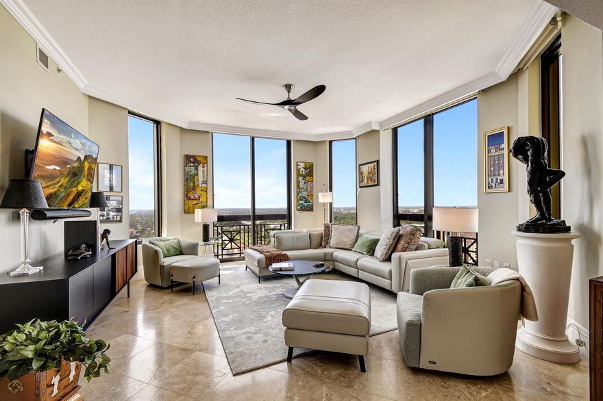 This 3000sf beauty offers Superb 280 degree Panoramic Views of LW, PB, Ocean, WPB city-scapes & vibrant sunsets, NE ICW, Ocean & views to S.Island. This 3BR/3.5 w/Fam. Rm. & Great Rm. encompasses the entire End of Bldg.  Ensuite BR's are split for privacy & have Walk-Ins. Enjoy the convenience of Formal & Informal Dining Areas in this Exquisite & Masterful Design. Enjoy the Opulence you DESERVE, w/Remote-Controlled Designer Window Shades, Dbl.door entry Primary Suite offers SE Lake & Ocean views, 2 Walk-In Closets & a marble,Spa-like Bath. 2 Garage Spaces & Lg. A/C'd Storage Rm. Two City Plaza is the ''CremeDeLaCreme'' of Luxury Downtown Living w/Rooftop Pool, Media Rm., Fitness Center, Zen Garden, Pet Friendly Amenities, Valet Parking, & the list goes on! SEE YOUR DREAMS COME TRUE TODAY!