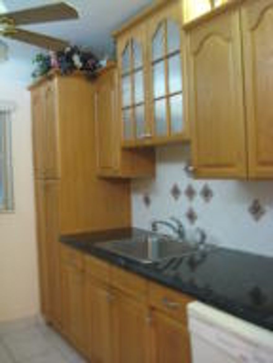 Updated kitchen with granite, new cabinets. Newer bathrooms. Master has nice sized walk-in closet with built-ins. Tile floor throughout. Extremely nice back yard view looks at the 17th fairway. Decorative concrete block fencing around patio. Unit has separate storage area. Two sets of washers/dryers just steps away. Sorry, no pets allowed. Tons of parking. 3 pools to chose from (#3 has gym). Leisureville has it's own golf course.