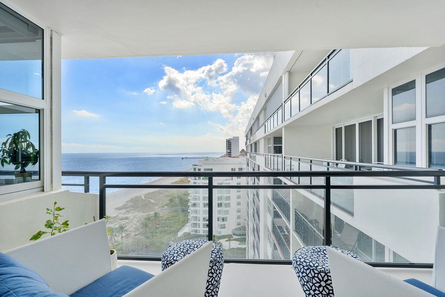 Experience elevated coastal living in this stunning Lower Penthouse residence, beautifully renovated in 2023 with unique high-end finishes and thoughtful design throughout.
Located in Whitehall, a luxury oceanfront high-rise in Boca Raton, this exceptional home offers the perfect blend of modern sophistication and resort-style amenities.
Step into a large, bright open-concept living and dining area featuring large format dolomite porcelain floor tile and designer lighting that create a warm yet contemporary ambiance. The white matte and gold tone kitchen is the centerpiece of the home, showcasing a striking quartzite island, custom cabinetry, and elegant water-cut marble accents. Entertain effortlessly at the custom-built bar, complete with a wine fridge, cabinetry, and open shelving for stylish storage and display.
The spacious primary suite is a private retreat, boasting two walk-in closets and a beautifully customized bath with double sinks, walk-in shower, and exquisite Italian floor tiles. The oversized second bedroom offers a generous closet and flexibility for guests or a home office. A designer hall bath with terrazzo floor tile adds character and polish. Enjoy unobstructed ocean views from the balcony with glass railing. Deeded parking spot in garage.
This luxury high-rise building is chock full of amenities and features a state of the art fitness center, social room, kitchen, library, card room and one of the best pool decks on the sand. Enjoy direct beach access, a sparkling saltwater pool, jacuzzi spa and an expansive outdoor entertaining/dining area complete with three large gas grills. Beach-level bathrooms include showers and dry sauna for ultimate convenience after a day in the sun. 
With premium upgrades, refined finishes, and an unbeatable oceanfront setting, this Lower Penthouse offers the ultimate South Florida lifestyle.