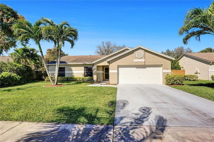 Brilliant Pool Home in Boynton Beach! This 3BR/2BA, 1,403sqft “As-Is” property welcomes with a recently painted neutral stucco exterior (2020), swaying palm trees, neighborly sidewalks, high vaulted ceilings, an open floorplan, tile flooring, a large living room, and a fully functional kitchen featuring solid surface countertops, ample cabinetry, stainless-steel refrigerator, built-in microwave, and a dining area. Host parties with a screened-in pool, fenced backyard, and plenty of room for entertaining. Relax in the primary bedroom with a deep closet and en suite. Other features: 2-car garage, laundry room, air filters changed monthly, low HOA (approx. $240/year), near shops, dining, and schools, and more! Given less than 7-miles from beaches, close to shopping, I-95, golf courses, restaurants, and schools, and so much more! Bursting with tons of potential and desirable features, this spacious and centrally located home will go fast. Schedule your private tour now.
