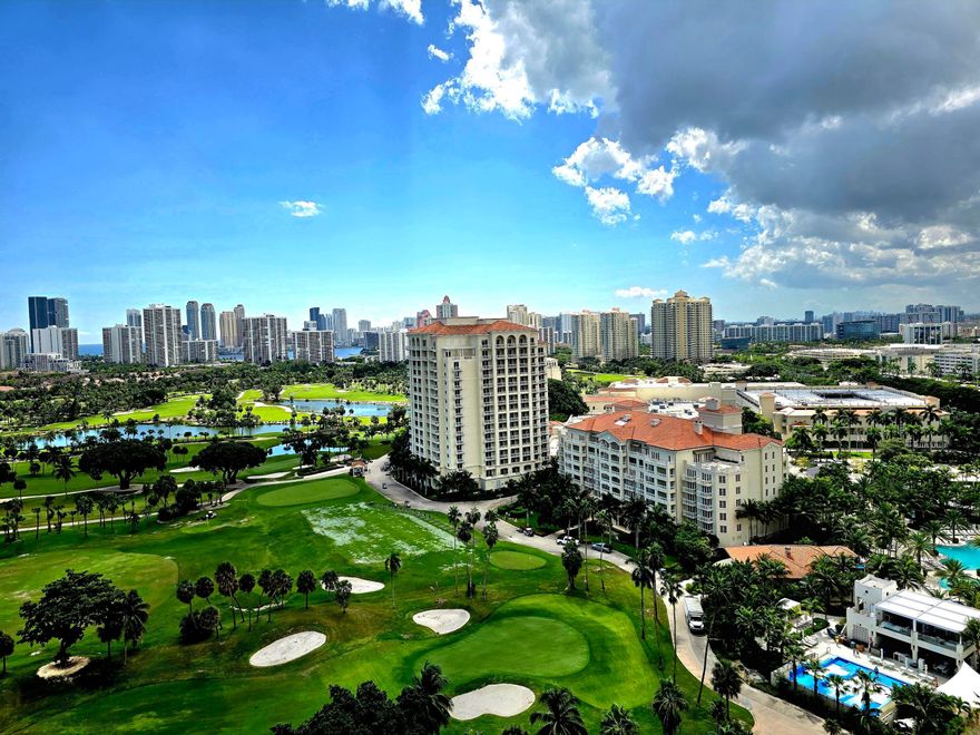 BREATHTAKING VIEW OF THE PRESTIGIOUS TURNBERRY GOLF COURSE AND LAKES ALONG WITH A GLIMPSE OF THE OCEAN FROM YOUR BALCONY. THIS UNIT HAS BEEN REMODELED WITH GEORGEOUS TILE AND CARPET. BATHROOM WAS ALSO REDONE. 24 HOUR GUARD GATE COVERED PARKING, LOVELY POOL, EXERCISE ROOM, MINUTES FROM MAJOR HIGHWAYS, BEACH, STORES, CASINOS, RESTAURANT. COURTESY BUS TO THE MALL., BRIGHTLINE TRAIN. ALL AGES WELCOME.